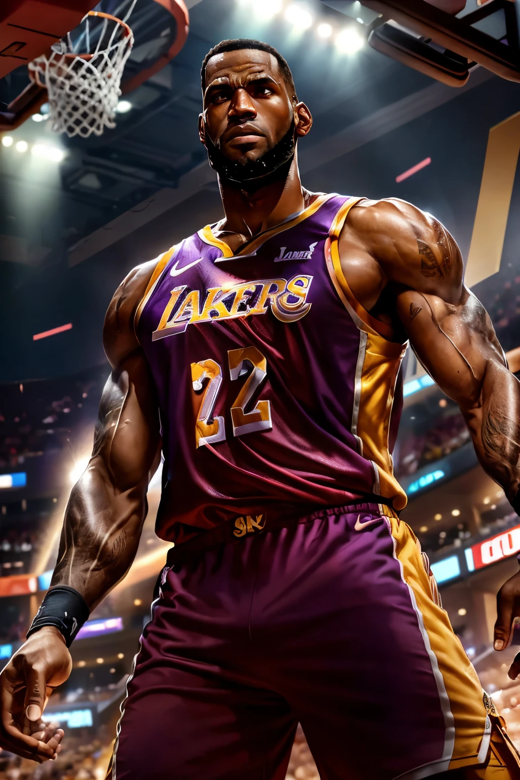 Movie-grade CG rendering of Lebron James in a tight Los Angeles Lakers jersey, the fabric clinging to his toned physique, showcasing his massive bulging biceps as he flexes with confidence and determination. His athletic form is illuminated by cinematic light that highlights every muscle, making every detail ultra-clear and intricately defined in the 8K resolution image. The Lakers logo on the chest of the jersey gleams under the intense lighting, reflecting off the high-quality fabric. The background is blurred, focusing the viewer's attention on James' powerful and intimidating presence. The energy radiating from his body is palpable, making this