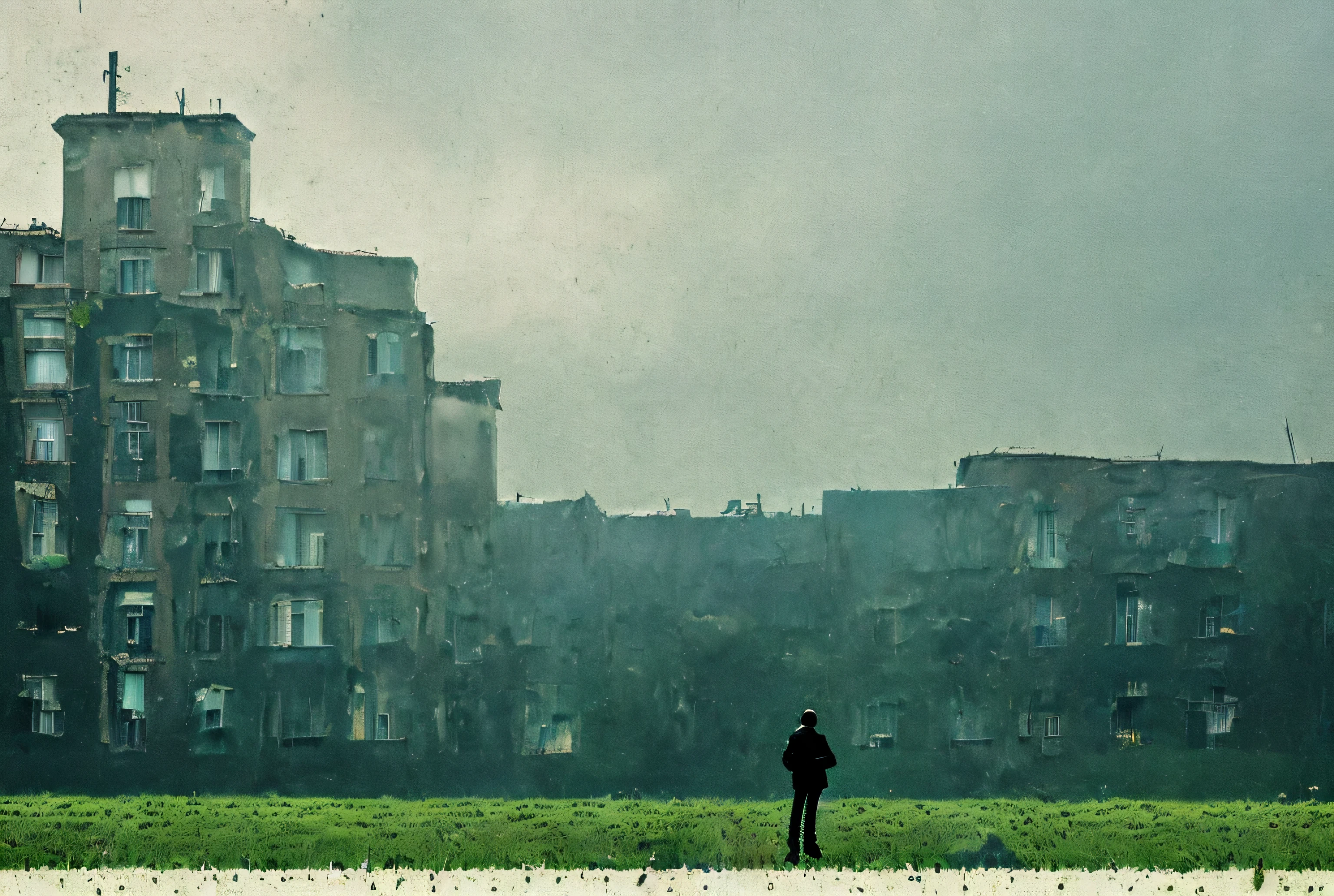 arbres et buissons dans une ville avec un train qui passe, Bâtiments vides avec végétation, outdoors Paysage urbain en ruine, une ville dystopique abandonnée, ville abandonnée, in a Paysage urbain en ruine, Paysage de Apocalypse City, Dans une ville tropicale et dystopique, Paysage urbain en ruine, Ville envahie par la végétation, ruines du paysage urbain au loin, Ville détruite en arrière-plan, Vue post-apocalyptique, ville post-apocalyptique