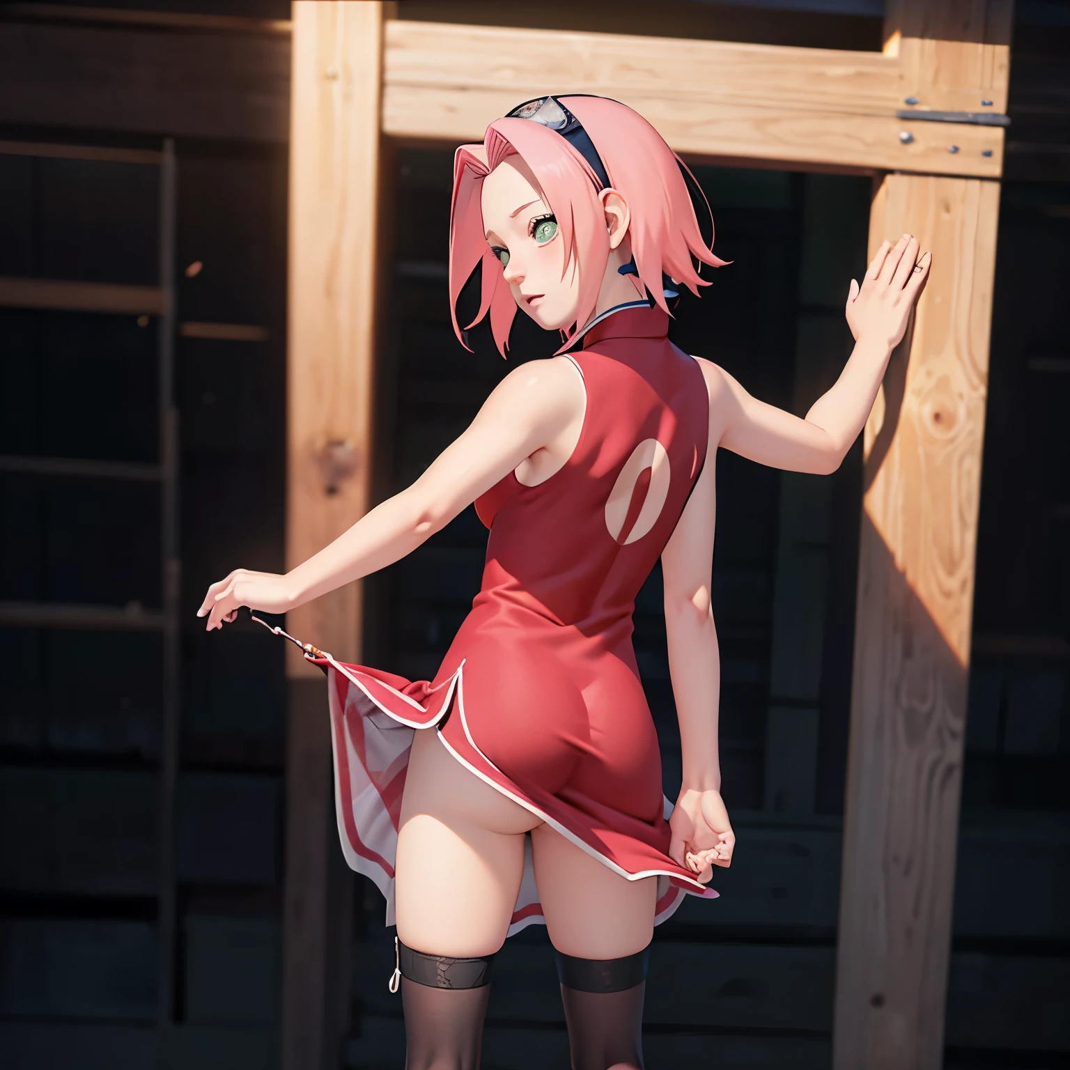 ((Masterpiece: 1.2)), ((high quality)), ((detail)), 1girl, solo, perfect face, pefect body, perfect anatomy, pretty girl, cute girl, sakura haruno, short hair, green eyes, pink hair color, red Qipao, long dress, long dress slit, bare bottom, no panty, hanging up ass, pussy visible from behind, black stockings, high sock knee, black sock, realistic, reality, high quality image, ultra detail, 8k