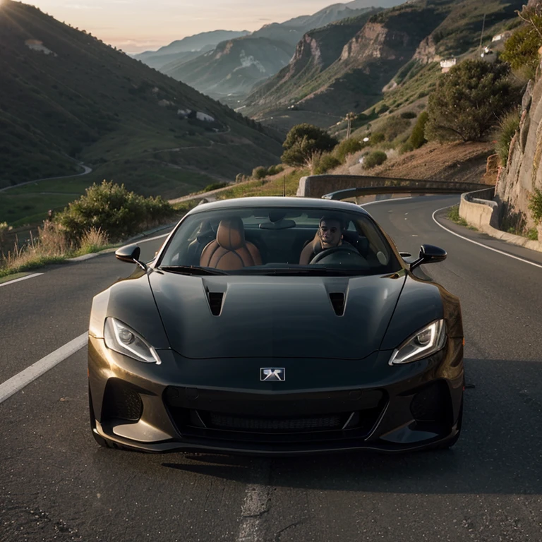 A sleek and modern sports car, with a glossy finish and sharp edges, speeding down a winding road with the sun setting in the background.