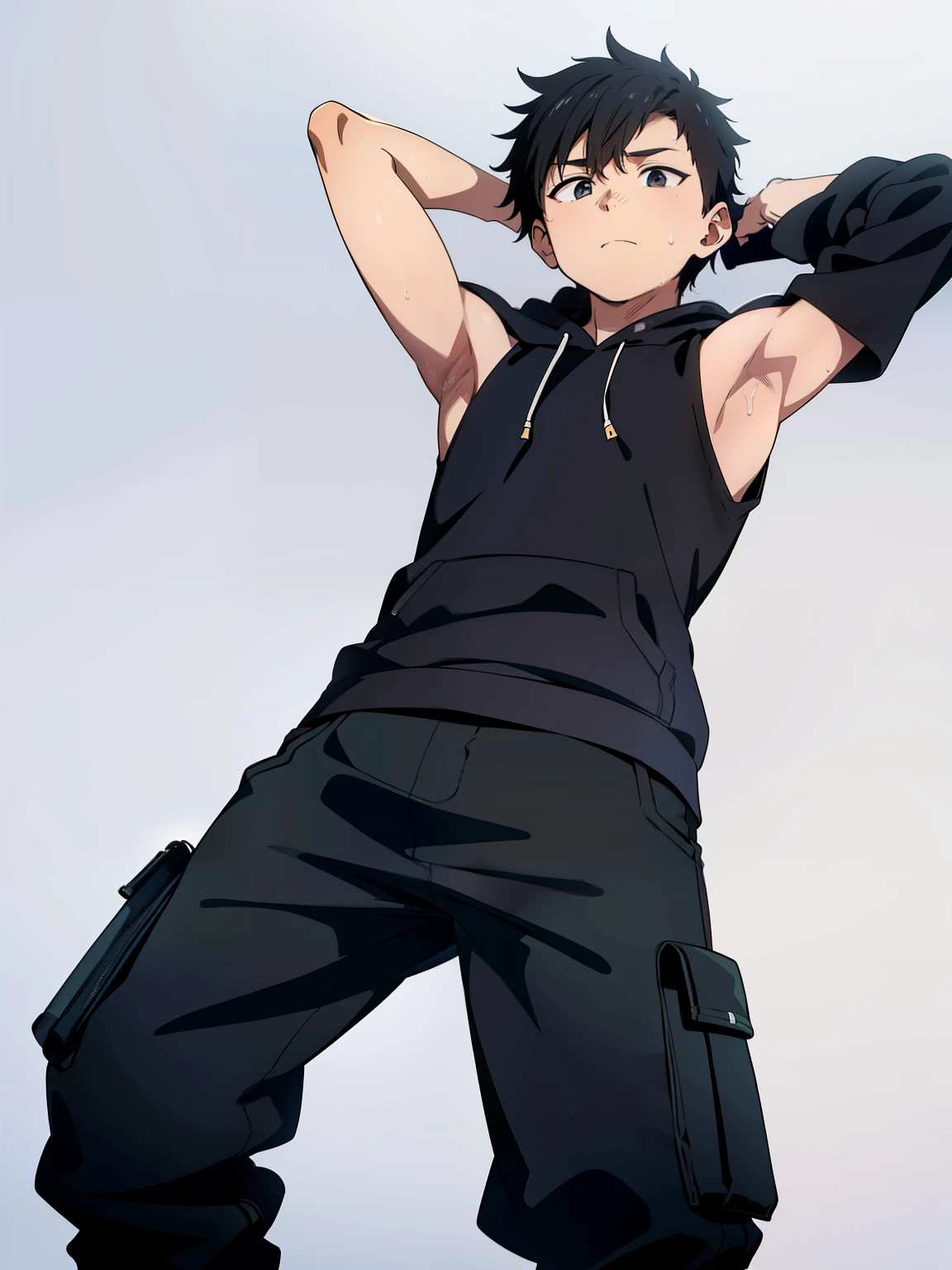 Highres, Masterpiece, Best quality at best,Best Quality,hight quality, hight detailed, 1boy, Shota, Black hoodie, Cargo pants, Sleeveless hoodie, His body was dirty, Picture taken from below, (very young boy), (very small and short body), 10-year-old boys, (Showing armpit:1.3), hansome, Sweat, Simple beckground