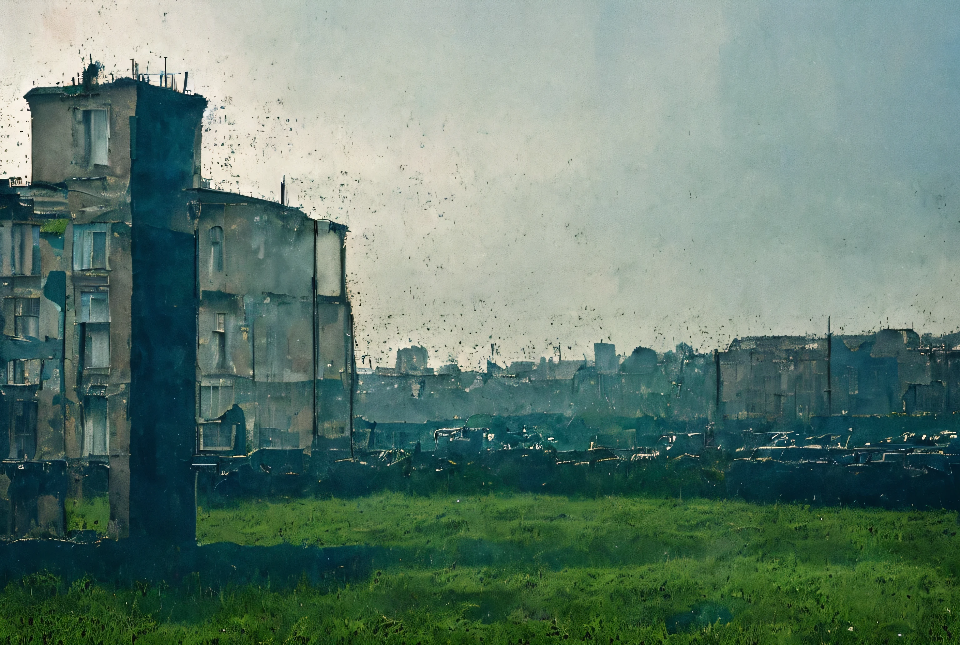 arbres et buissons dans une ville avec un train qui passe, Bâtiments vides avec végétation, outdoors Paysage urbain en ruine, une ville dystopique abandonnée, ville abandonnée, in a Paysage urbain en ruine, Paysage de Apocalypse City, Dans une ville tropicale et dystopique, Paysage urbain en ruine, Ville envahie par la végétation, ruines du paysage urbain au loin, Ville détruite en arrière-plan, Vue post-apocalyptique, ville post-apocalyptique