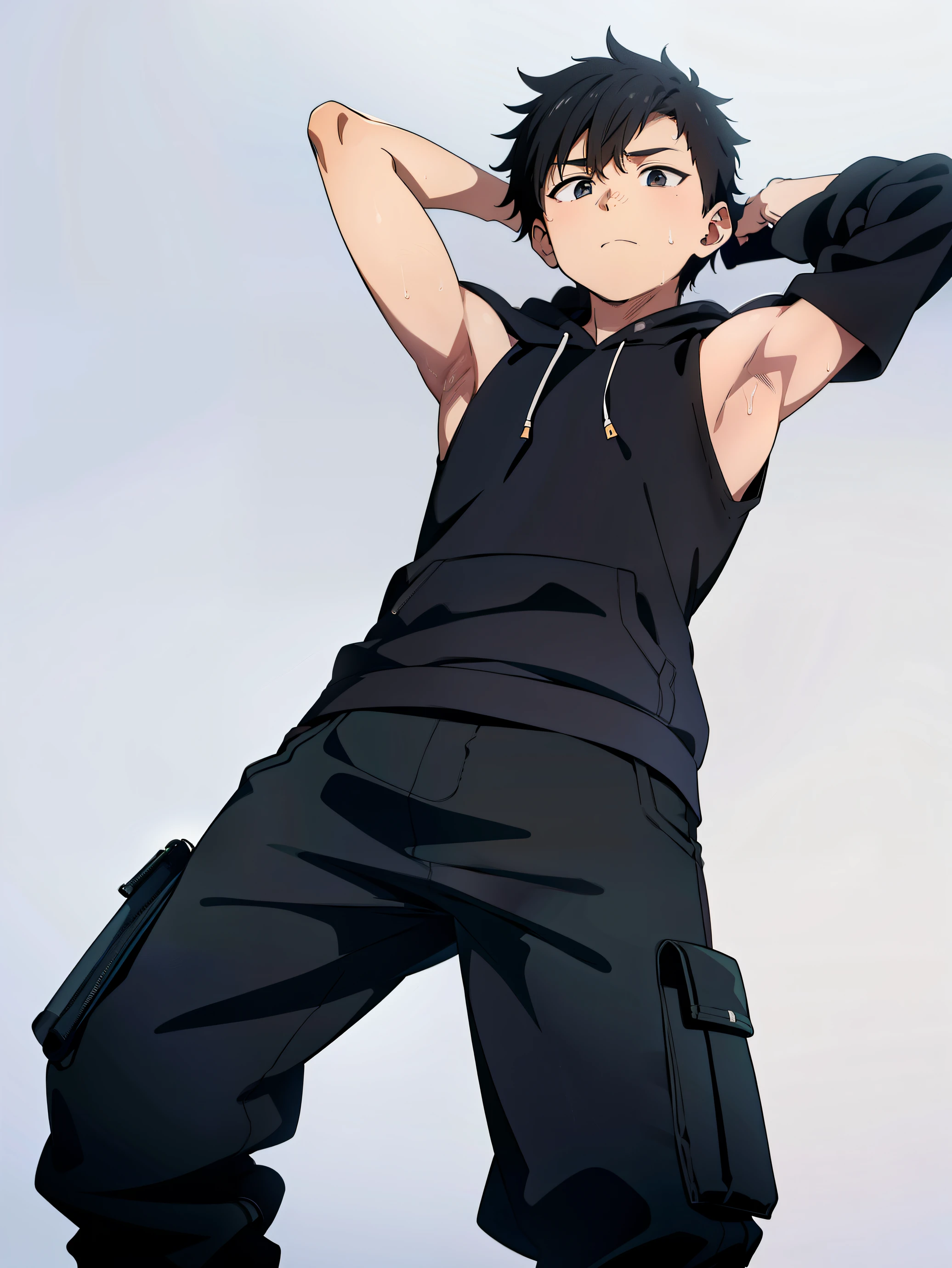 Highres, Masterpiece, Best quality at best,Best Quality,hight quality, hight detailed, 1boy, Shota, Black hoodie, Cargo pants, Sleeveless hoodie, His body was dirty, Picture taken from below, (very young boy), (very small and short body), 10-year-old boys, (Showing armpit:1.3), hansome, Sweat, Simple beckground