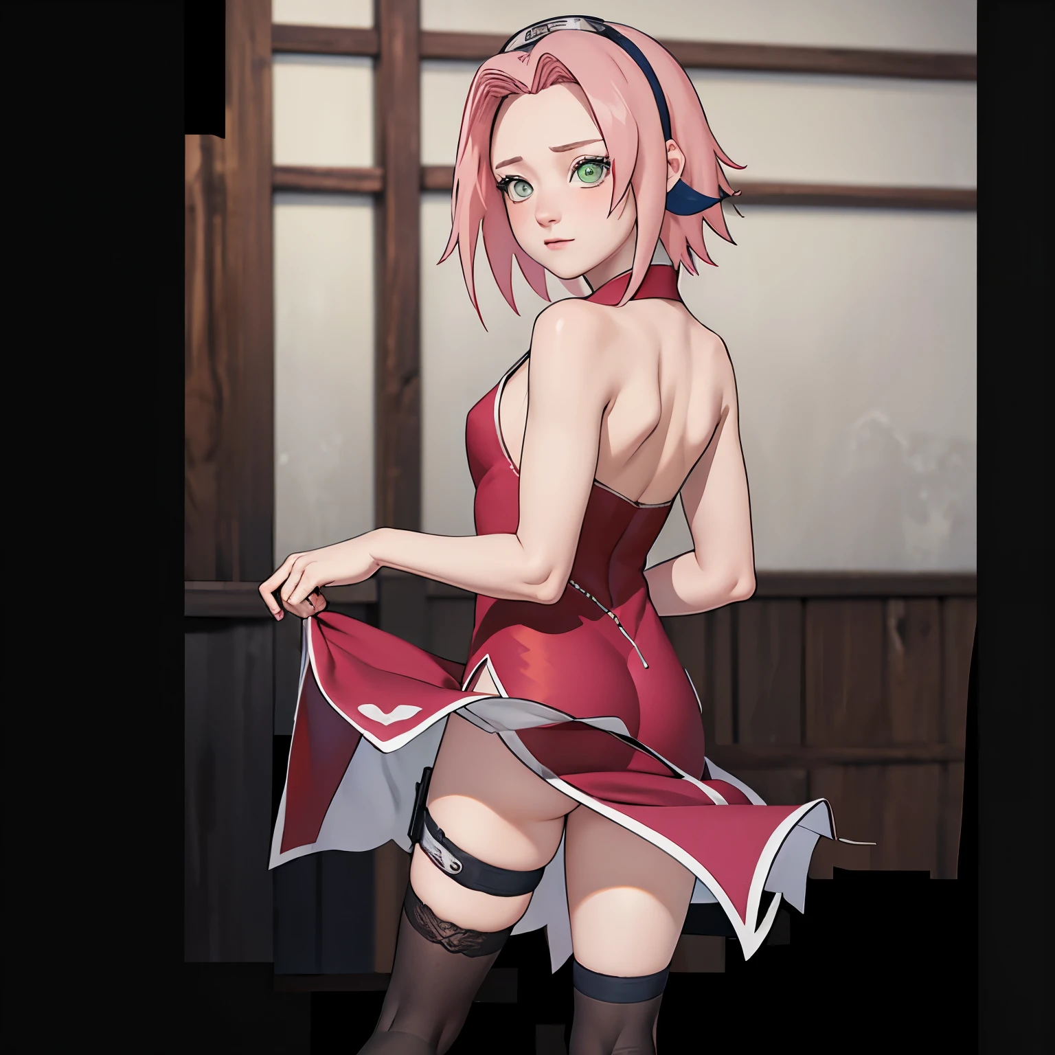 ((Masterpiece: 1.2)), ((high quality)), ((detail)), 1girl, solo, perfect face, pefect body, perfect anatomy, pretty girl, cute girl, sakura haruno, short hair, green eyes, pink hair color, red Qipao, long dress, long dress slit, bare bottom, no panty, hanging up ass, pussy visible from behind, black stockings, high sock knee, black sock, realistic, reality, high quality image, ultra detail, 8k