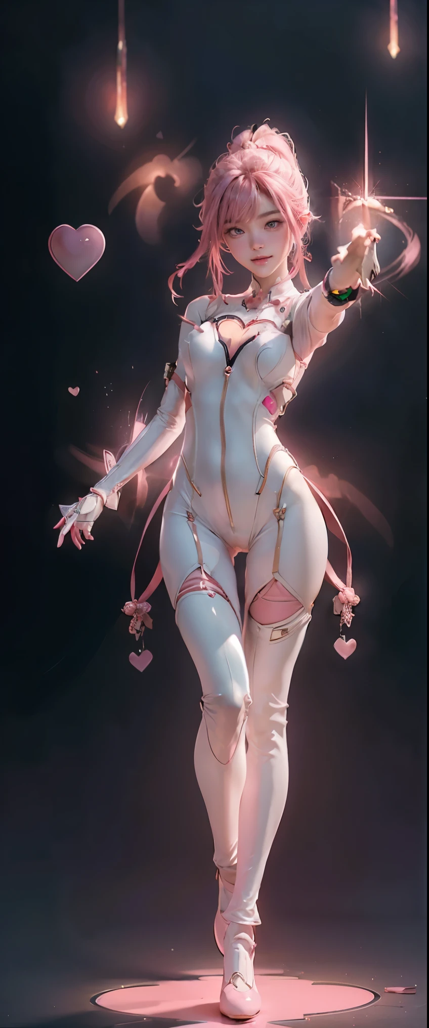 masterpiece、detailed、16K、shiny skin、1girl、(magical girl flying in the night sky)、(白いfull body suitを着ている:1.5)、Are standing、big breasts、big ass、(focus on chest)、pink long blonde、ponytail、green eyes、(非常にdetailedな目と顔)、Accurately drawn face、(複雑なピンクと白のfull body suit、hair ornaments、vivid contrasting colors、intricately designed details:1.2)、(best ratio 1 thumb、Refers to 4 books:1.3)、(heart shaped pink effect:1.5)、(dynamic pose)、(Ghost Smile)、(open your arms:1.2)、(Sparks dance in the night sky:1.3)、(view from below)、A woman wearing a white and pink suit taking a photo, full body suit, タイトなfull body suit, white body, Full body close-up shot, Eva style pilot suit, in a latex suit, laserpunk full body suit, Lacus Clyne, streamlined pink armor