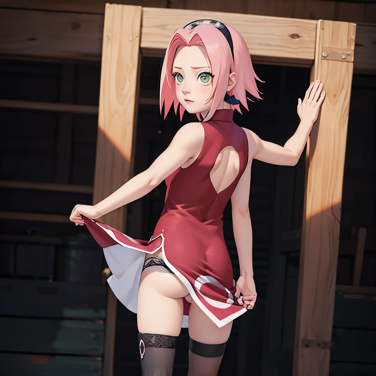 ((Masterpiece: 1.2)), ((high quality)), ((detail)), 1girl, solo, perfect face, pefect body, perfect anatomy, pretty girl, cute girl, sakura haruno, short hair, green eyes, pink hair color, red Qipao, long dress, long dress slit, bare bottom, no panty, hanging up ass, pussy visible from behind, black stockings, high sock knee, black sock, realistic, reality, high quality image, ultra detail, 8k