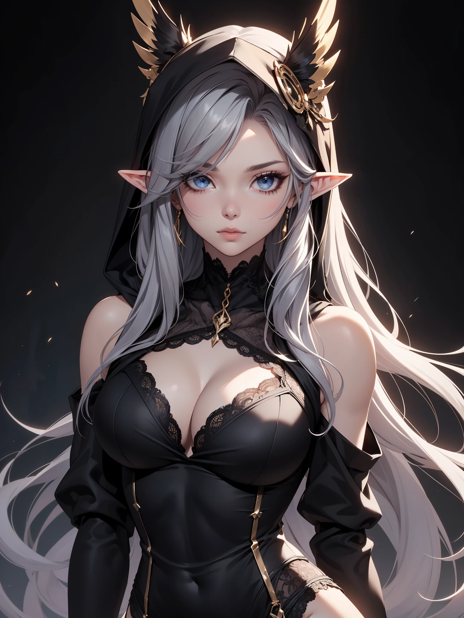 White elf girl, medium grey hair color, very long flowing hair, grey eye color, small eyes, realistic human eye shape, round eye shape, eyeliner, realistic face shape. black lace low cut lace shirt, portrait, wearing a black hood, black background, chest showing, NSFW, Depth of Field. looking at camera, dreamy look detailed eyes, detailed face, detailed skin, Ultra Detailed, Beautiful and Aesthetic, Masterpiece, Best Quality, shoulders showing. lace fabric, round chin shape. wearing black hood over hair. showing full upper body and face. wearing a black hood. hips showing, flairs in background, zoomed out. full body showing. hips exposed, black and gold.
