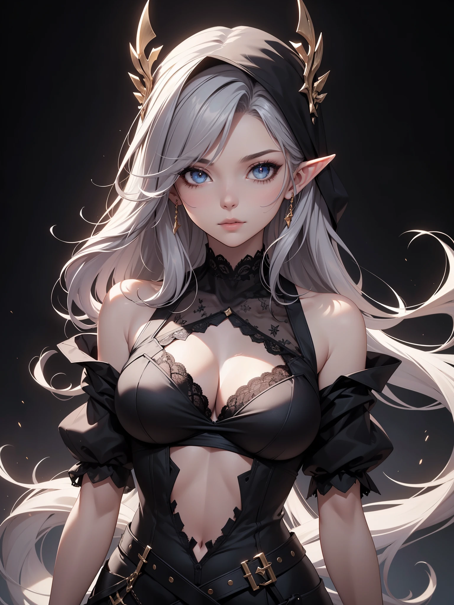 White elf girl, medium grey hair color, very long flowing hair, grey eye color, small eyes, realistic human eye shape, round eye shape, eyeliner, realistic face shape. black lace low cut lace shirt, portrait, wearing a black hood, black background, chest showing, NSFW, Depth of Field. looking at camera, dreamy look detailed eyes, detailed face, detailed skin, Ultra Detailed, Beautiful and Aesthetic, Masterpiece, Best Quality, shoulders showing. lace fabric, round chin shape. wearing black hood over hair. showing full upper body and face. wearing a black hood. hips showing, flairs in background, zoomed out. full body showing. hips exposed, black and gold.