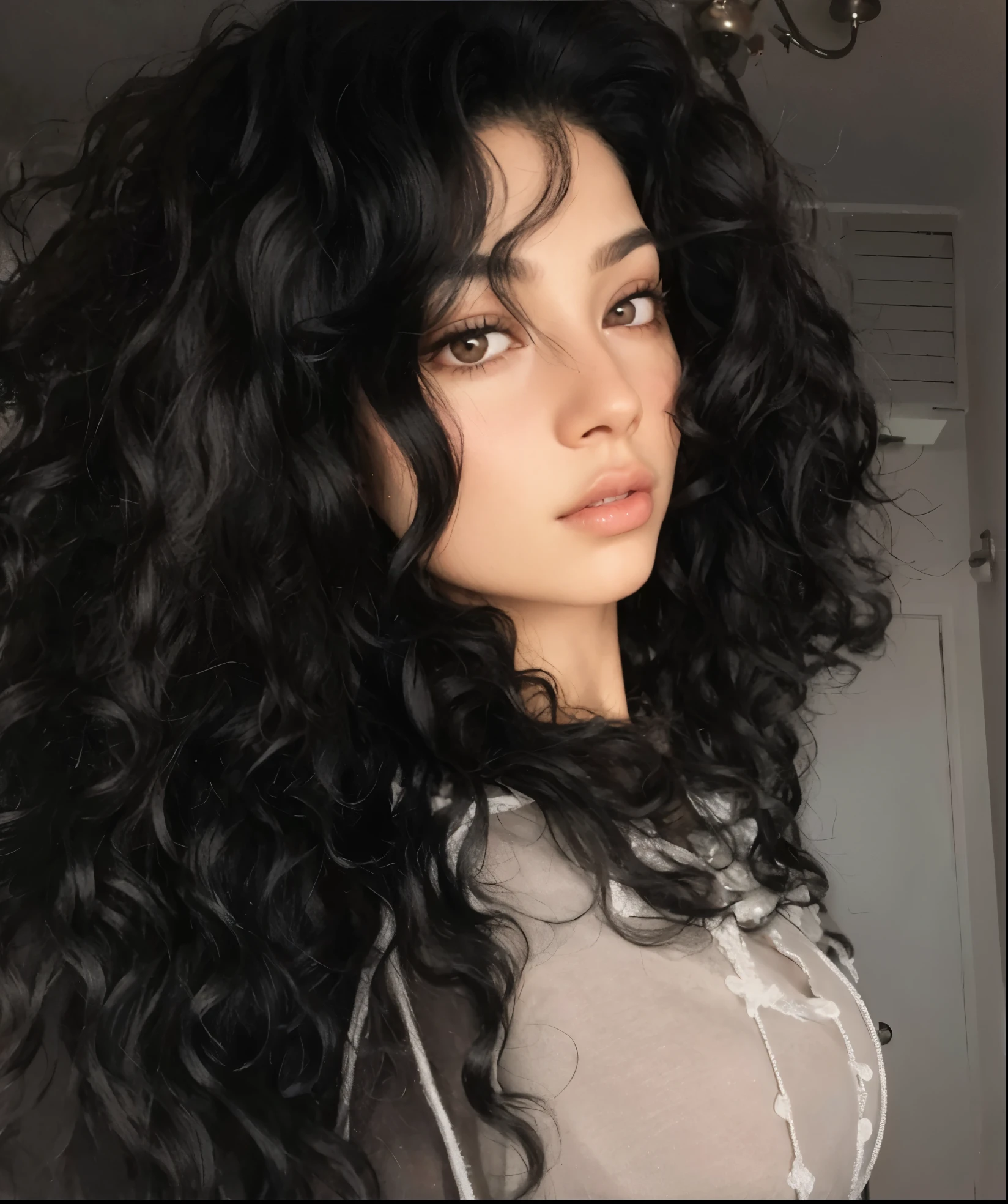 a close-up of a woman with curly hair and a brown shirt, long wild pelo rizado negro, pelo largo y rizado negro, long pelo rizado negro, pelo rizado negro, el pelo negro y rizado, long el pelo negro y rizado, cabello largo y rizado oscuro, retrato de haifa wehbe, pelo oscuro y rizado, cabello largo y rizado, corte de pelo rizado en la parte media, pelo negro ondulado
