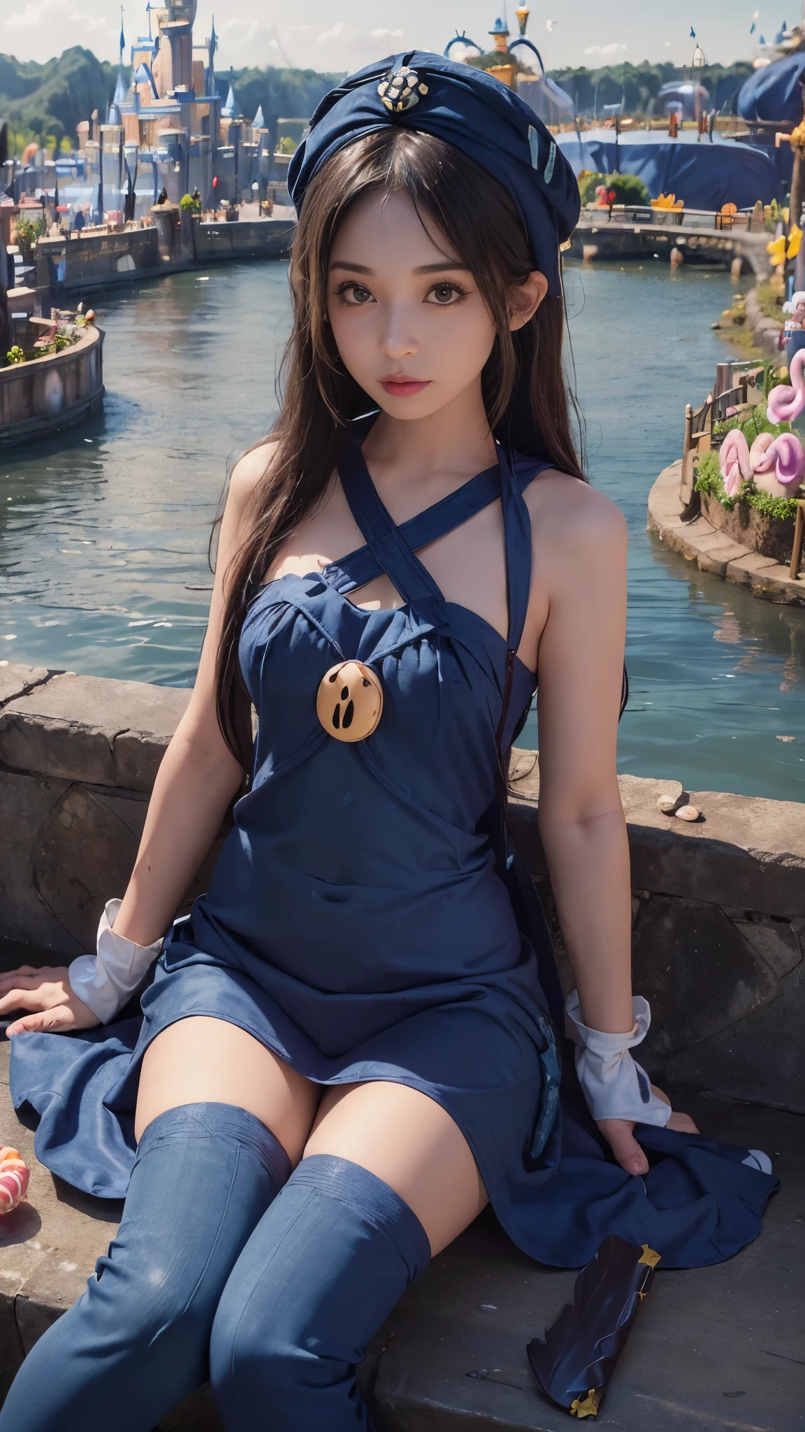 8k, (ultra hd:1.2), (masterpiece:1.5), 1 girl, cute face, very long hair, detailed eyes, small breasts, baby doll costume, (indigo costume:1.4), (strap:1.4), (fantasy:1.4), (candy world Disney land:1.5), ethereal soft fluffy soft landscape background, hyper realistic Ultra quality cinematic lighting, immense detail, Full hd, perfect body, sitting,