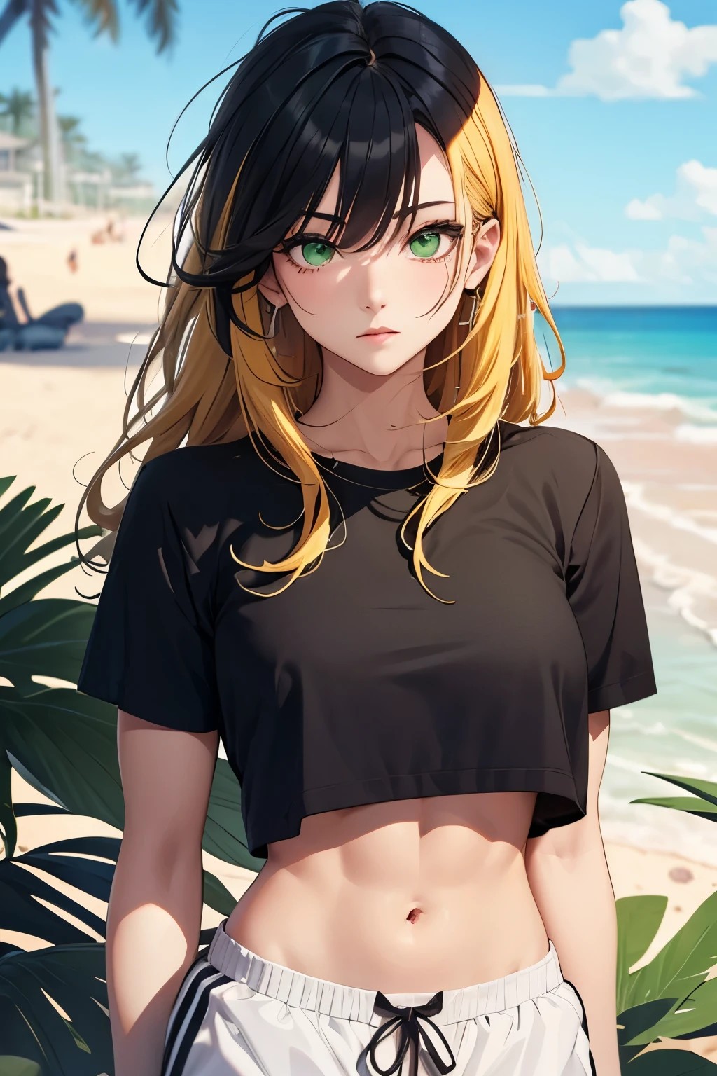 Yellow hair girl, long messy hair, black hair highlights, green eyes, black cropped shirt, with for flower, white sweatpants, madure muscle aesthetic body, in beach