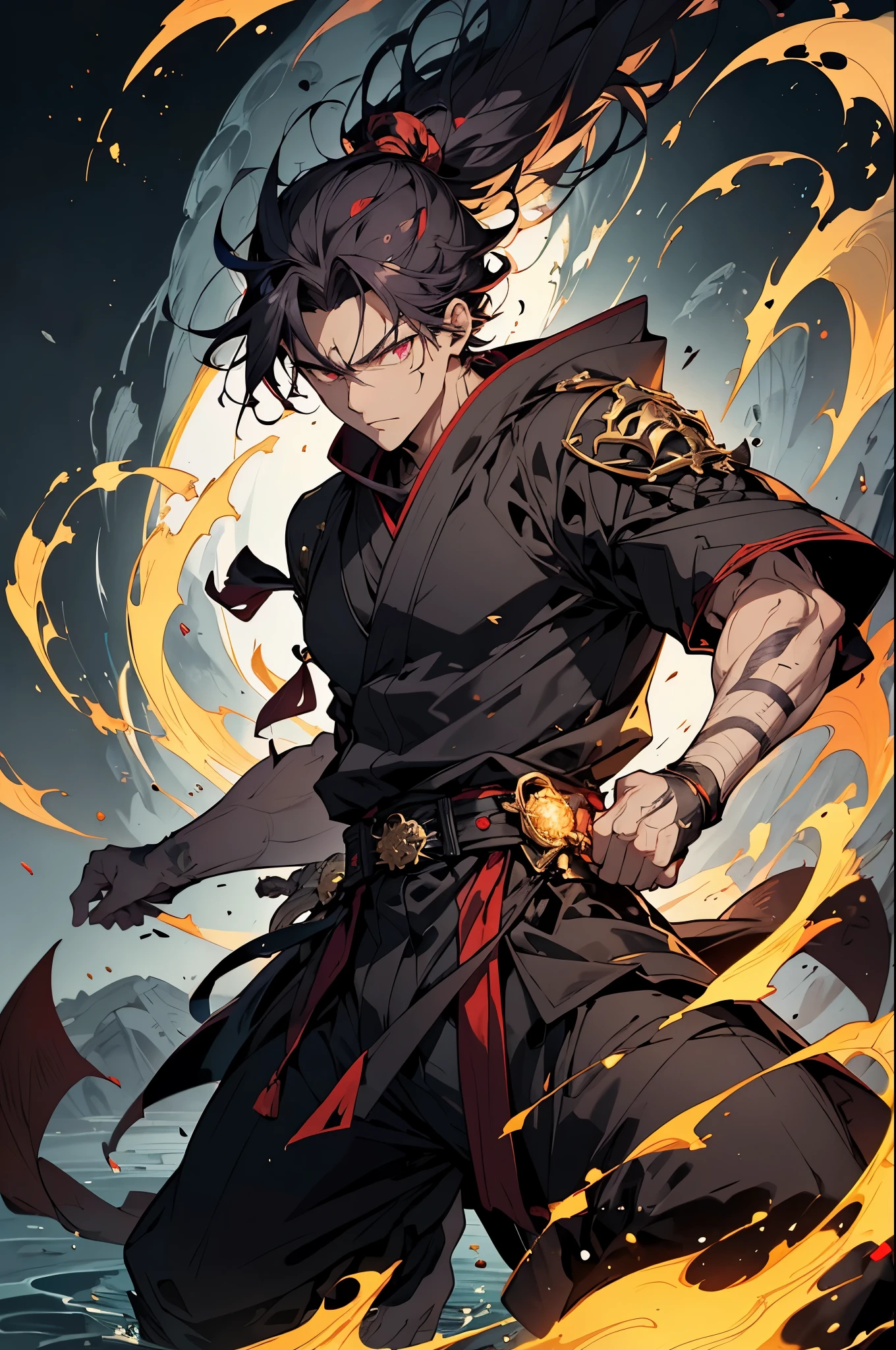 Appearance: This character is a tall and slender guy with dark purple hair., partially covering his left eye. His eyes glow bright red, when he uses his ability. There are thin scars on his face, testifying to his combat experience. 2. Cloth: He wears a dark blue kimono with golden patterns., as well as black trousers and traditional Japanese sandals. On his belt hangs a long sword with a black hilt., decorated with golden patterns. 3. Ability: His ability is fire control. He can create and control fire elements, using them to attack or defend. His fire attacks are very powerful and destructive.. 4. Nature: This character has a strong and independent character. He usually expresses his thoughts with some pride and confidence. He is ready to fight for his beliefs and defend those, who is dear to him. 5. Like in Jujutsu Kaisen: This character is reminiscent of the powerful and confident characters from Jujutsu Kaisen, like Sukune Getou. He has the power of the elements and mastery of martial arts, which makes it exciting for the audience.
