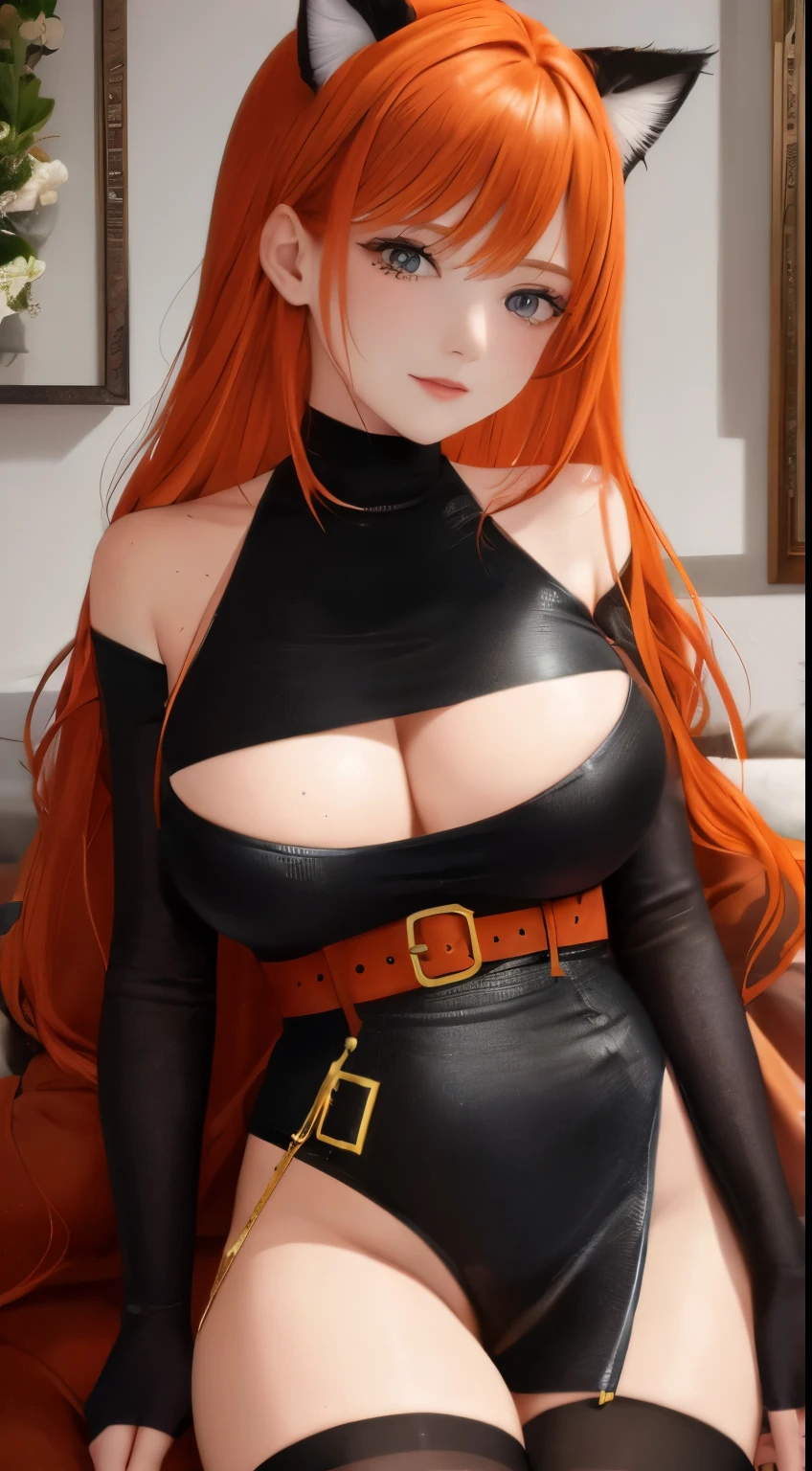 mother, masterpiece, Best quality, ultra detailed, beautiful lighting, 1 girl, orange hair, cat ear, green eyes, freckles, turtleneck top, Looking at the viewer, Detailed black stockings with belt, Juicy ass