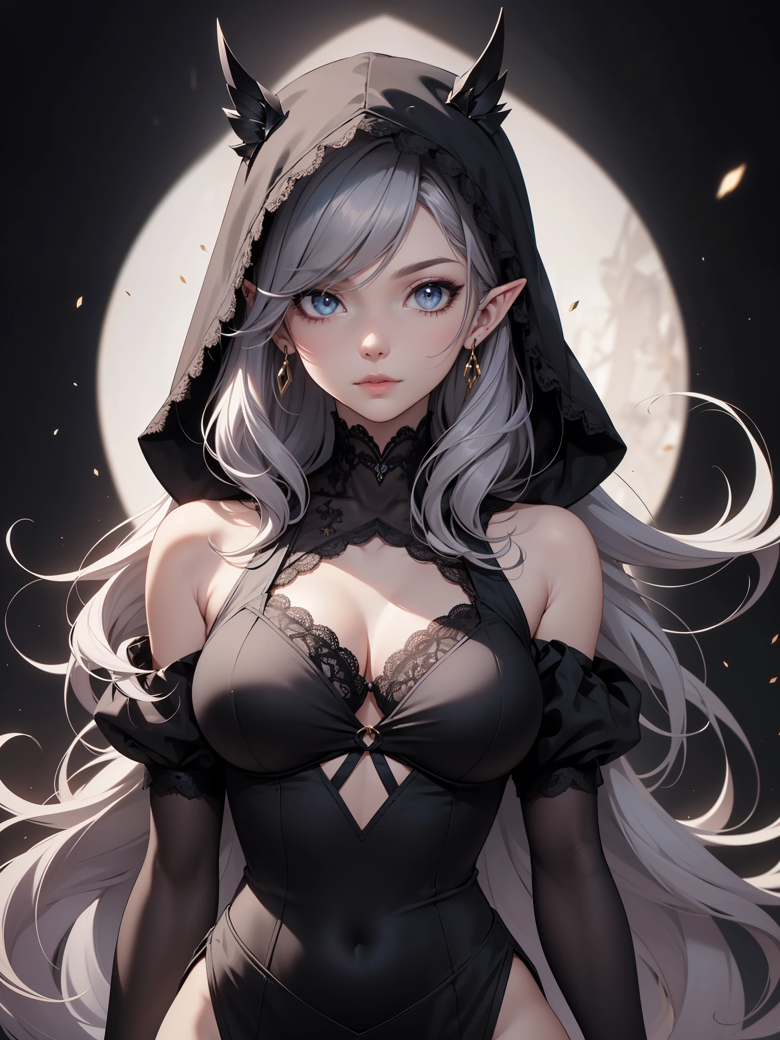 White elf girl, medium grey hair color, very long flowing hair, grey eye color, small eyes, realistic human eye shape, round eye shape, eyeliner, realistic face shape. black lace low cut lace shirt, portrait, wearing a black hood, black background, chest showing, NSFW, Depth of Field. looking at camera, dreamy look detailed eyes, detailed face, detailed skin, Ultra Detailed, Beautiful and Aesthetic, Masterpiece, Best Quality, shoulders showing. lace fabric, round chin shape. wearing black hood over hair. showing full upper body and face. wearing a black hood. hips showing, alot of flairs in background, zoomed out. full body showing. hips exposed, black and gold. Glowing
