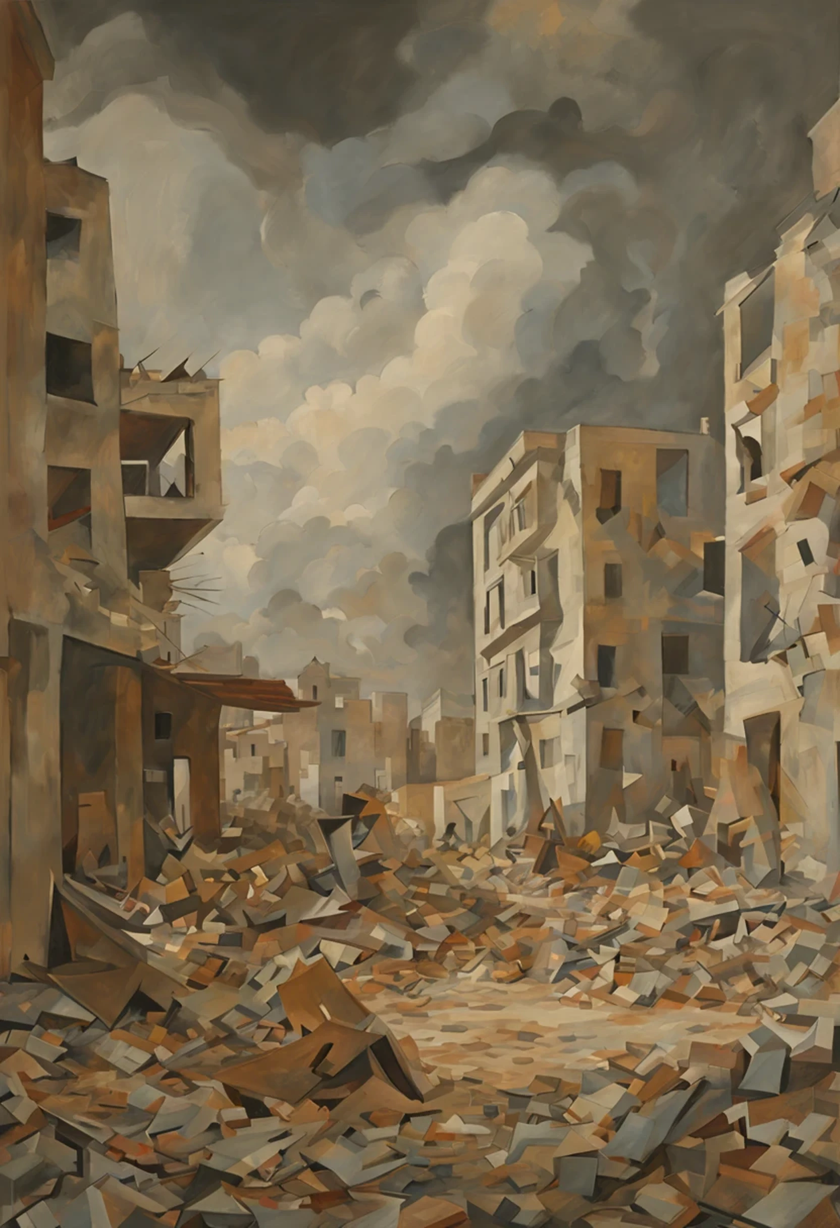 peinture , bombardements de Gaza, a la manière de Picasso (Guernica) , ajouter quelques détails évocateurs situant la scène en palestine, remplissant le premier plan: des victimes et quelques personnes affolées hurlant paniquées ou blessée prenant beaucoup de place dans la composition, a l'arrière plan des immeubles détruits et avion de chasse F16, couleurs restreintes et sombres, gris blancs noirs bruns rouille, Contraste, terreur, détresse, Explosion, bombes, victimes, Mort, guerre, matière, Rayures, chaos, ruine, frénésie, cubisme, abstractionnisme, Expressionnisme, {plusieurs personnes} déformé, mauvaise anatomie, mauvaises mains, mauvaises proportions, proportions brutes, demi-teinte, de dehors, chef-d&#39;œuvre, Super détail, Haute qualité, haute résolution, primé, 8K