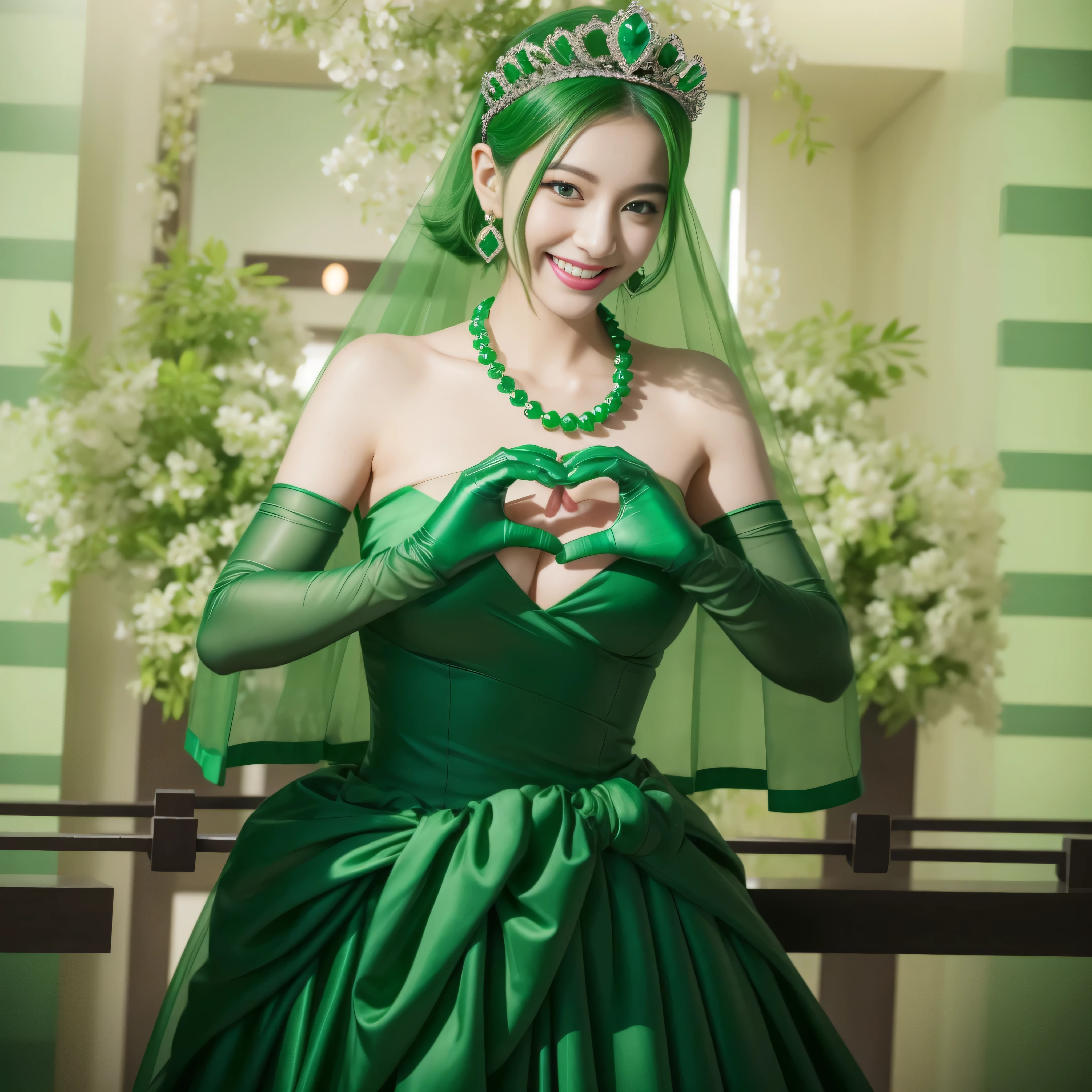emerald tiara, green pearl necklace, ボーイッシュな非常に短いgreen hair, lipstick, smiling Japanese woman, very short hair, Beauty with large breasts, green eyes, Long Green Satin Gloves, green eyes, emerald earrings, green veil, heart with both hands, green hair, beautiful japanese woman, heart shaped hand:1.3, green lip gloss