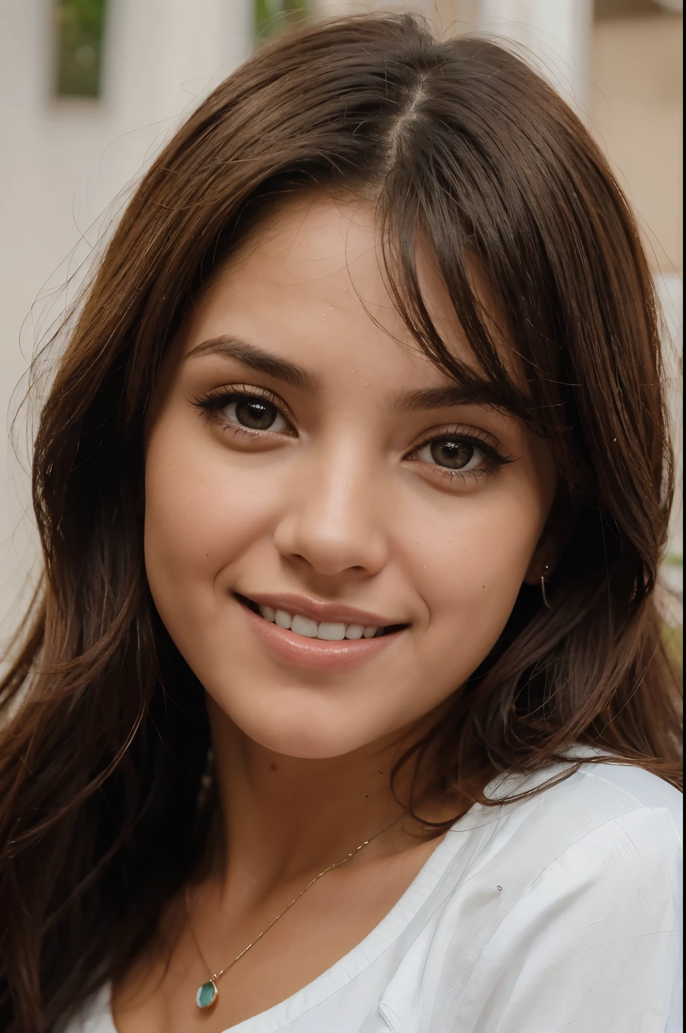 retrato garota morena, lindos olhos, cabelos ondulados, sorriso encantador, jeito de influencer, ultra realista.