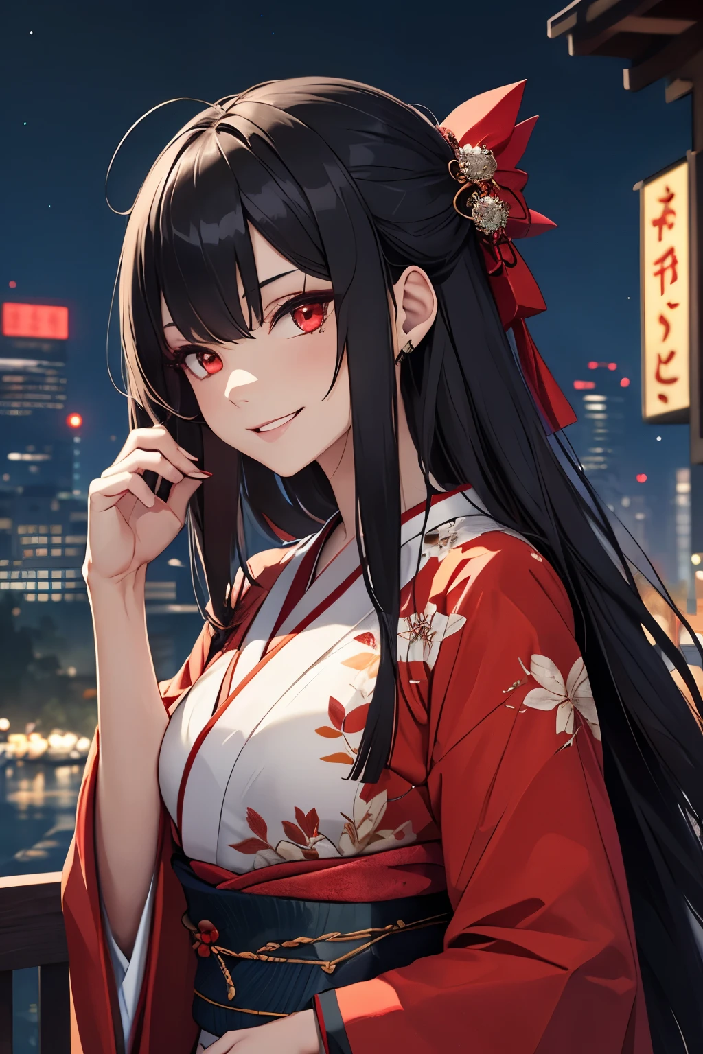 Woman, black messy long hair, side strands of hair, red eyes, evil smile, adult body, black kimono clothes, red details in clothes, night city