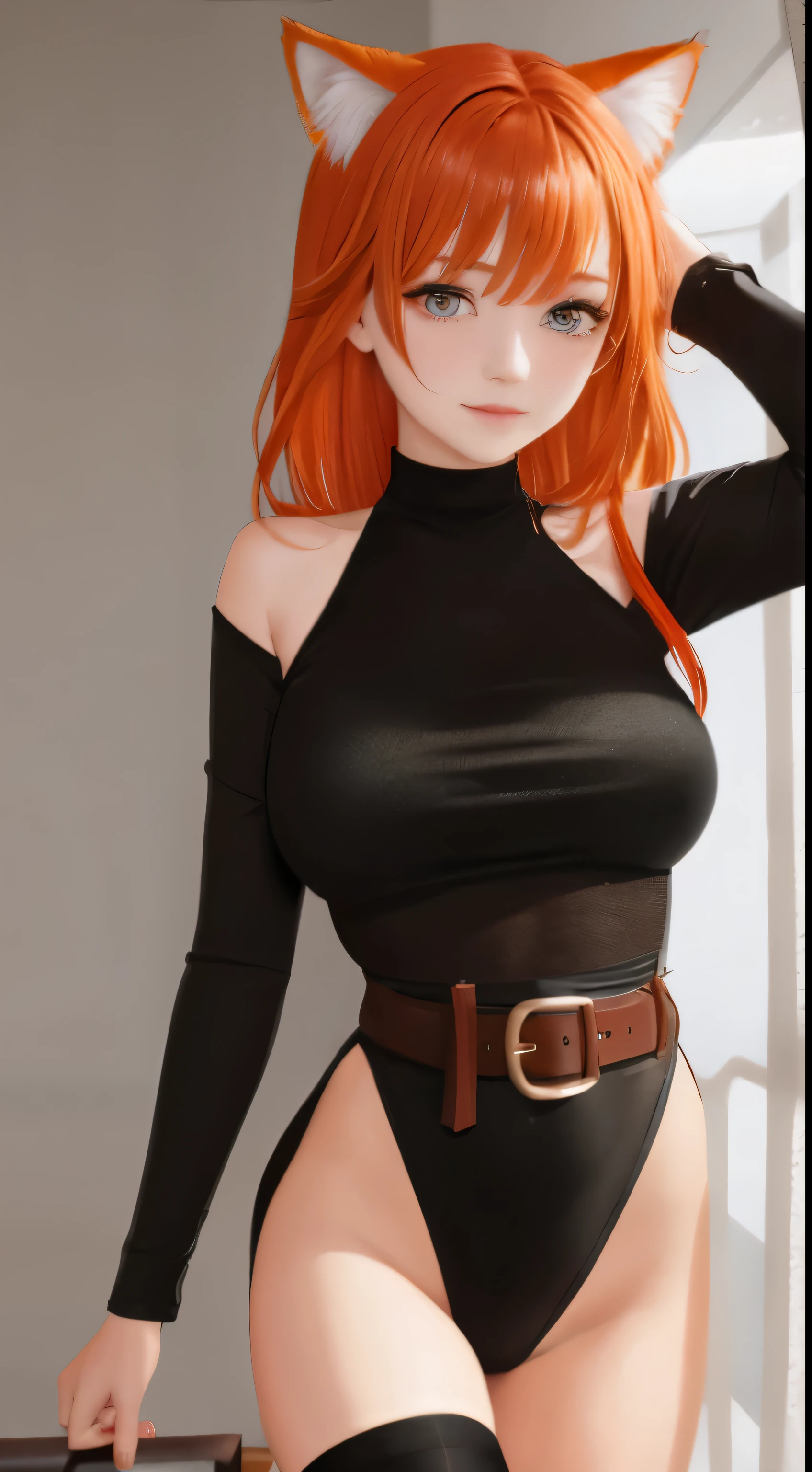 mother, masterpiece, Best quality, ultra detailed, beautiful lighting, 1 girl, orange hair, cat ear, green eyes, freckles, turtleneck top, Looking at the viewer, detailed black stockings with belt, Juicy ass
