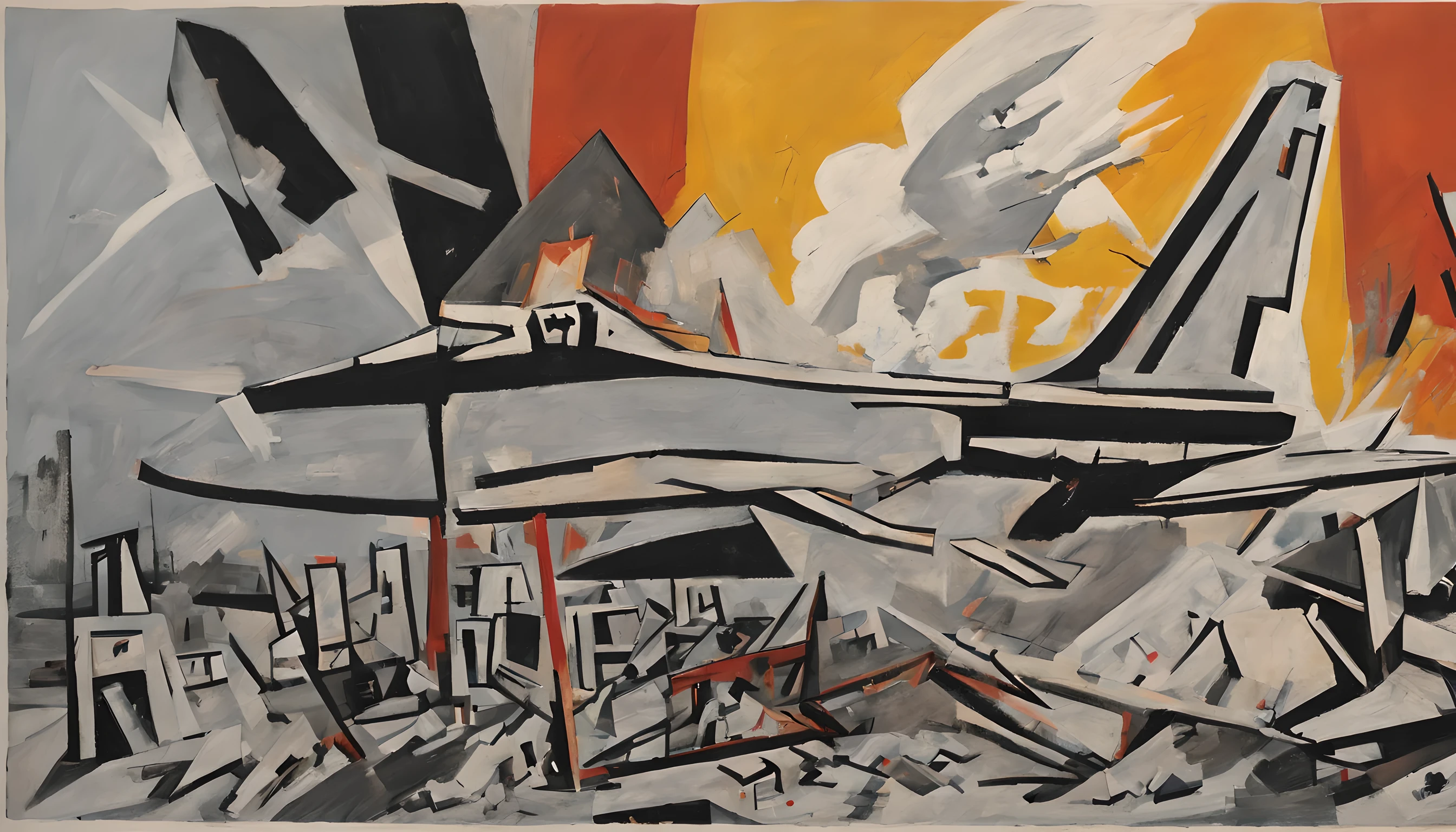 peinture , bombardements de Gaza, à la manière de Picasso (tableau Guernica) , ajouter quelques détails évocateurs situant la scène en palestine, remplissant le premier plan: des victimes et quelques personnes affolées hurlant paniquées ou blessée prenant beaucoup de place dans la composition, a l'arrière plan des immeubles détruits et avion de chasse F16, couleurs restreintes et sombres, gris blancs noirs bruns rouille, Contraste, terreur, détresse, Explosion, bombes, victimes, Mort, guerre, matière, Rayures, chaos, ruine, frénésie, cubisme, abstractionnisme, Expressionnisme, {plusieurs personnes} déformé, mauvaise anatomie, mauvaises mains, mauvaises proportions, proportions brutes, demi-teinte, de dehors, chef-d'œuvre, Super détail, Haute qualité, haute résolution, primé, 8K