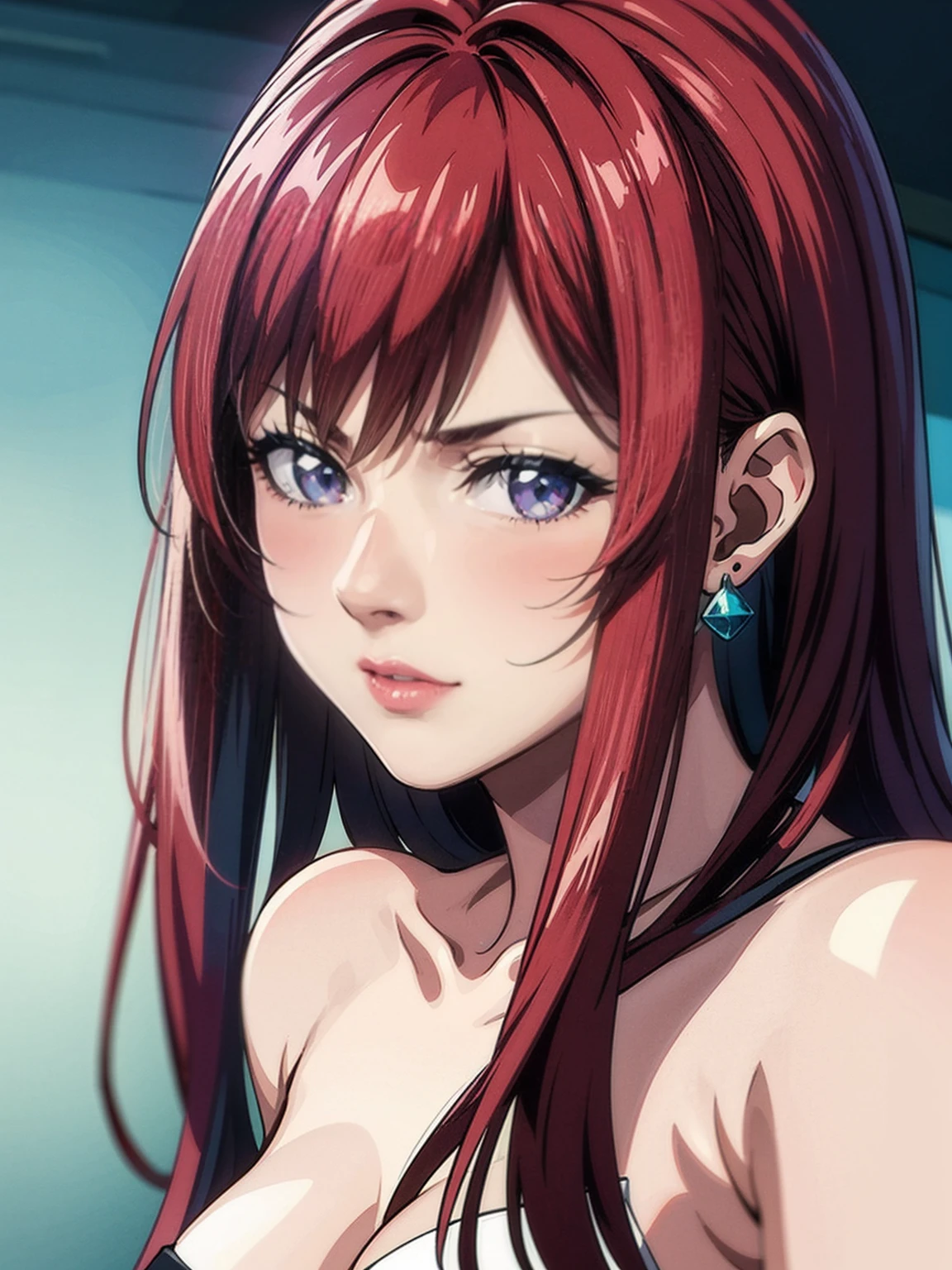 TakashiroHiroko,1girl,mature woman,alone,cowboy shot,looking at viewer,blushing,(dark purple eyes),long hair,red hair,earrings,jewelry,photorealistic,ultra-detailed,professional,strong contrast,soft lighting, vibrant colors