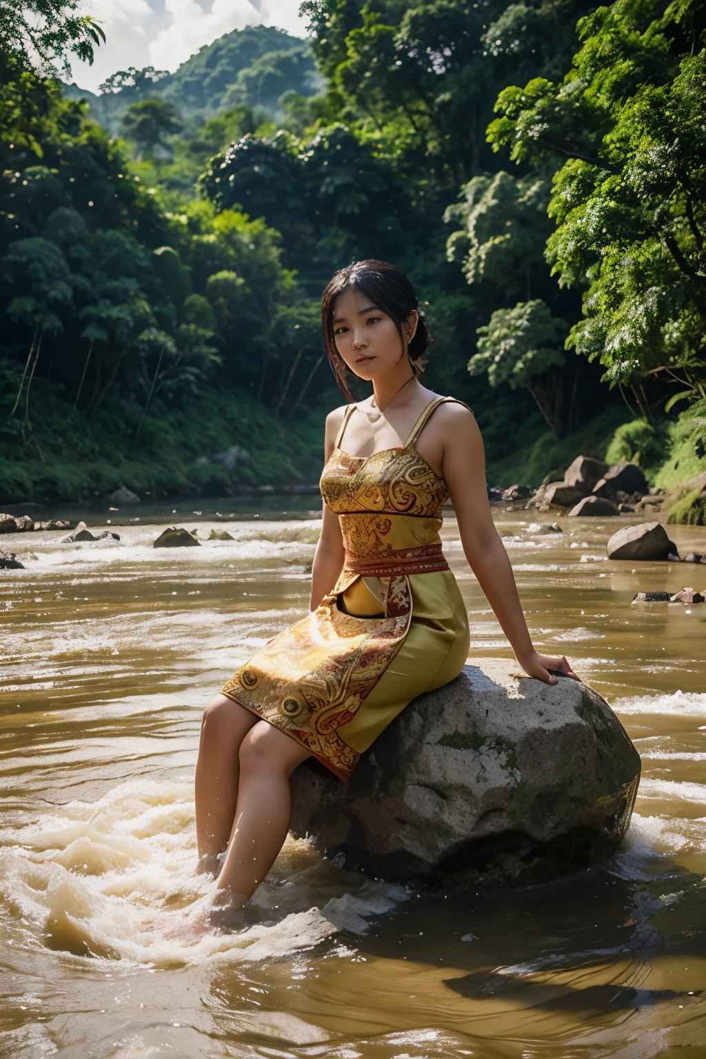 A 25-year-old Asian woman in Indonesian Javanese dress, sitting on a rock in the middle of a rushing river, next to hills and rice fields, sunny atmosphere, real, HD render.