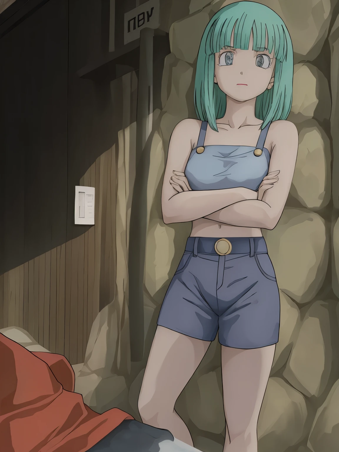 Beautiful girl with blue hair with crossed arms, corpo perfeito, crying expression, emocionada 