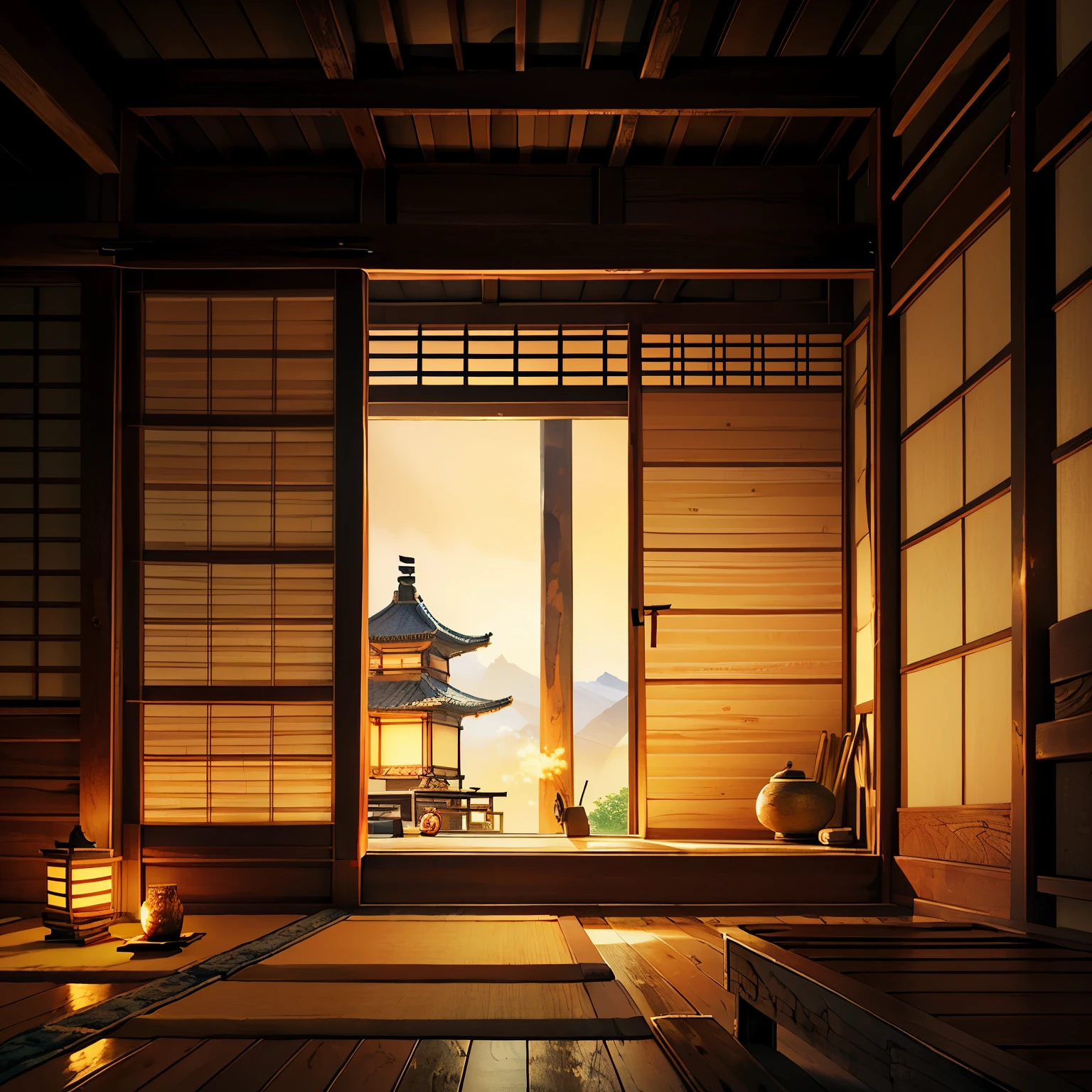 dojo, peaceful ambiance, traditional wooden architecture, serene atmosphere, soft lighting, calming energy, meditative space, rustic textures, natural materials, gently flickering candles, Japanese aesthetics, minimalistic design, soothing colors, tranquil Zen garden, careful attention to detail, harmonious balance, Zen philosophy, graceful movements, reflective stillness, ancient traditions, mindful practice, bamboo flooring, sliding doors, tatami mats, sacred space, Zen calligraphy, incense aroma, contemplative retreat, sense of serenity. (best quality, 4k, highres, ultra-detailed, realistic:1.37), wooden tranquility, atmospheric lighting., petals of roses flying, tatame, anime Style