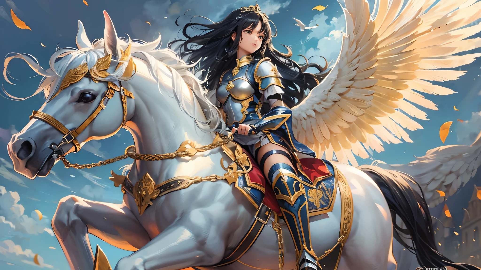 ((one Pegasus and one girl)), (Pegasus is flying orver the battlefield), (curly black hair long hair princes knight cute girl) is ((riding on the back of a Pegasus)) break , in a princes knight armor), perfect anatomy, masterpiece:1.3, best quarity, 16k, beautiful detailed grow, daydreaming expression.