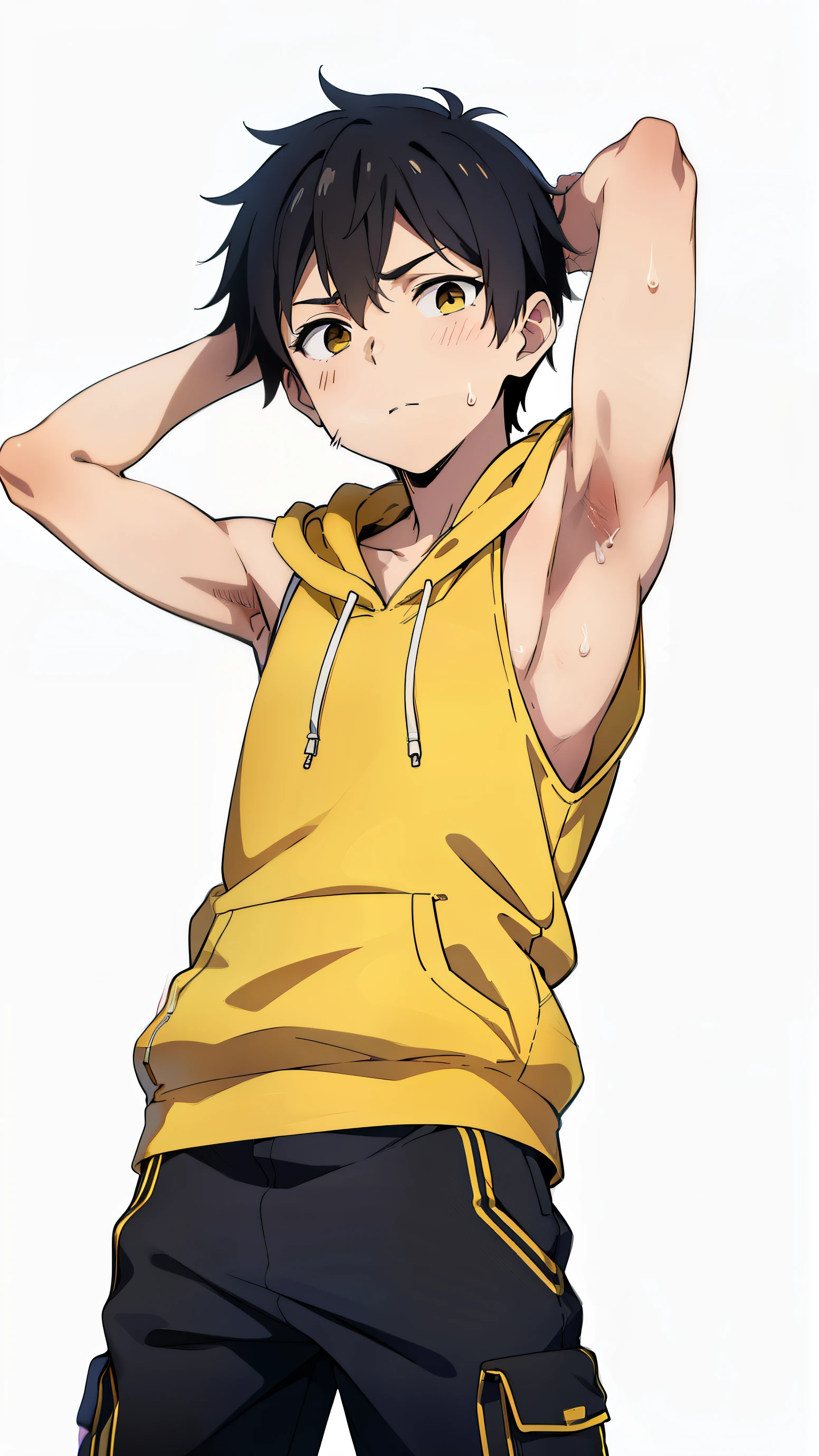 Highres, Masterpiece, Best quality at best,Best Quality,hight quality, hight detailed, 1boy, Shota, Yellow hoodie, Cargo pants, Sleeveless hoodie, His body was dirty, Picture taken from front, (very young boy), (very small and short body), 10-Year-Old-Boy, (Showing armpit:1.3), hansome, Sweat, Simple beckground