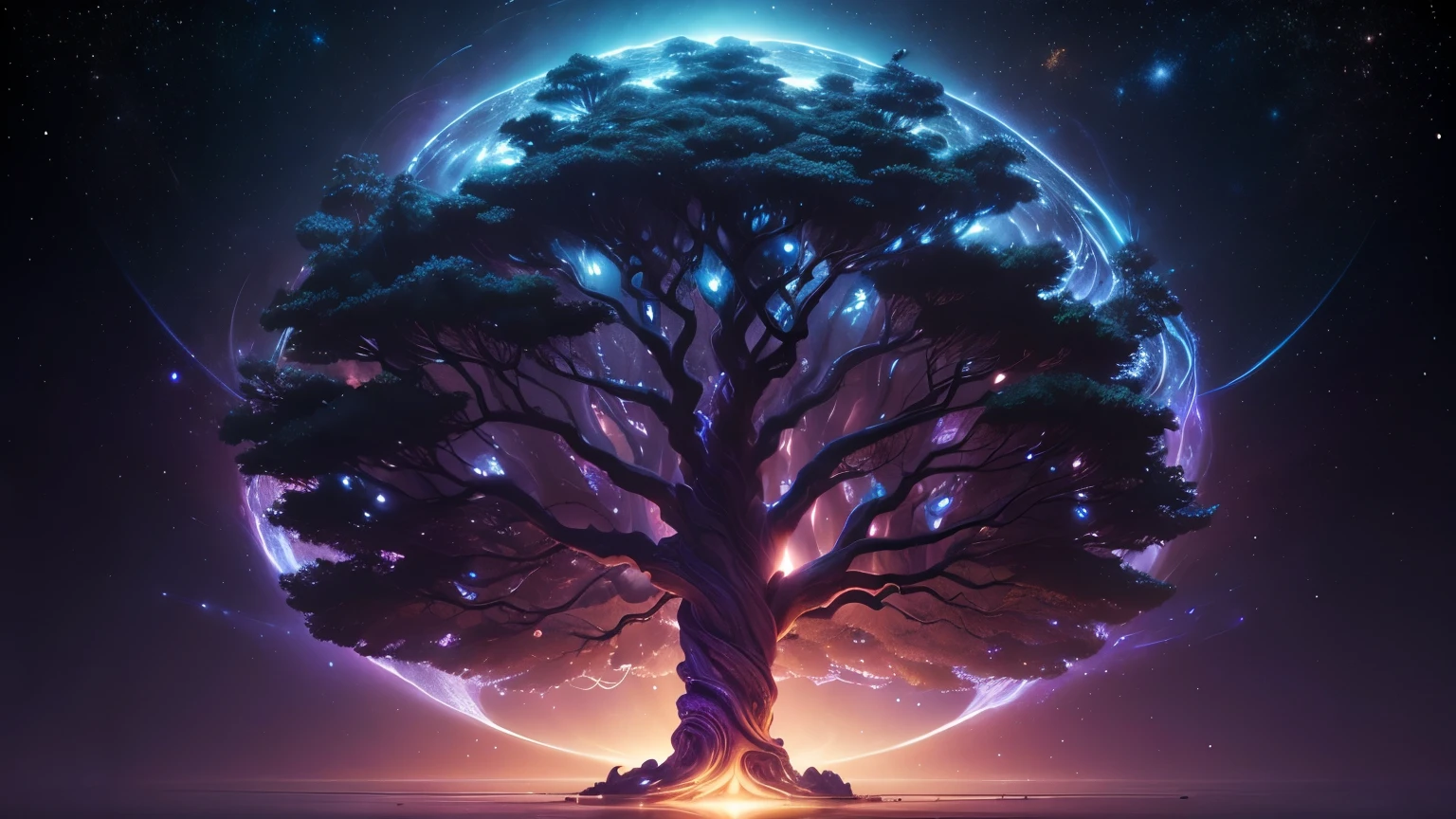 At the center of this celestial realm is an enormous, crystalline tree of life. Its trunk is a translucent spiral of energy and its branches extend like tendrils, spiraling upward toward the infinite cosmos. At its peak, the tree appears to merge with the very fabric of the universe, radiating a profound sense of wisdom and cosmic wonder.