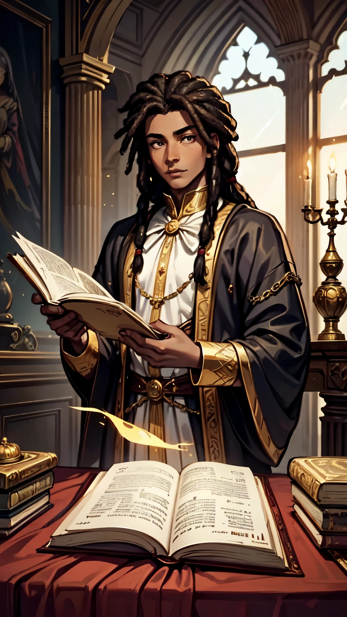 (high quality,realistic),a young prince with (dark) brown skin and (dark) black dreadlocks, golden eyes,stunning detailed facial features(eyes,lips,nose), wearing casual attire,thumbing through a grimoire(studying his magic), standing proudly in his palace, surrounded by opulent decorations, antique furniture, and magical artifacts, the palace is bathed in warm golden light, casting a soft glow on the prince's face, creating a regal and mysterious atmosphere.