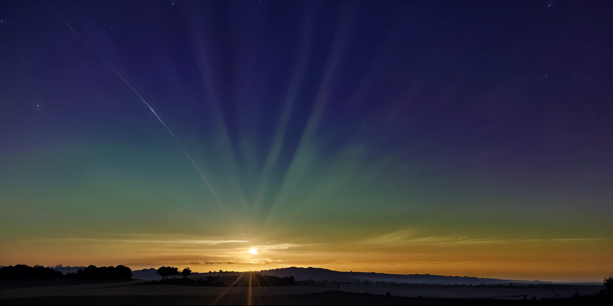 notte, terra e alberi in controluce su un cielo stellato con ancora le luci del tramonto, luce blu rosso porpora, nero