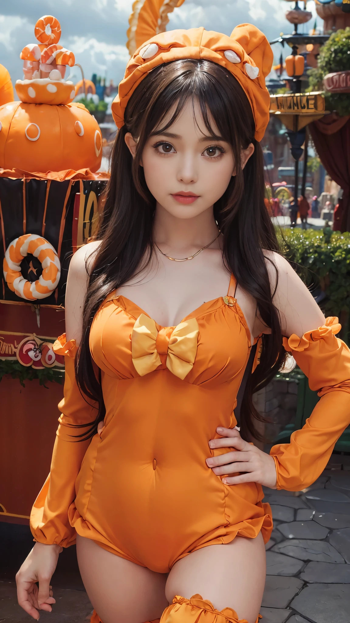 8k, (ultra hd:1.2), (masterpiece:1.5), 1 girl, cute face, very long hair,  detailed eyes, small breasts,  doll costume, (orange costume:1.4), (strap:1.4), (fantasy:1.4), (candy world Disney land:1.5), ethereal soft fluffy soft landscape background, hyper realistic Ultra quality cinematic lighting, immense detail, Full hd, perfect body,