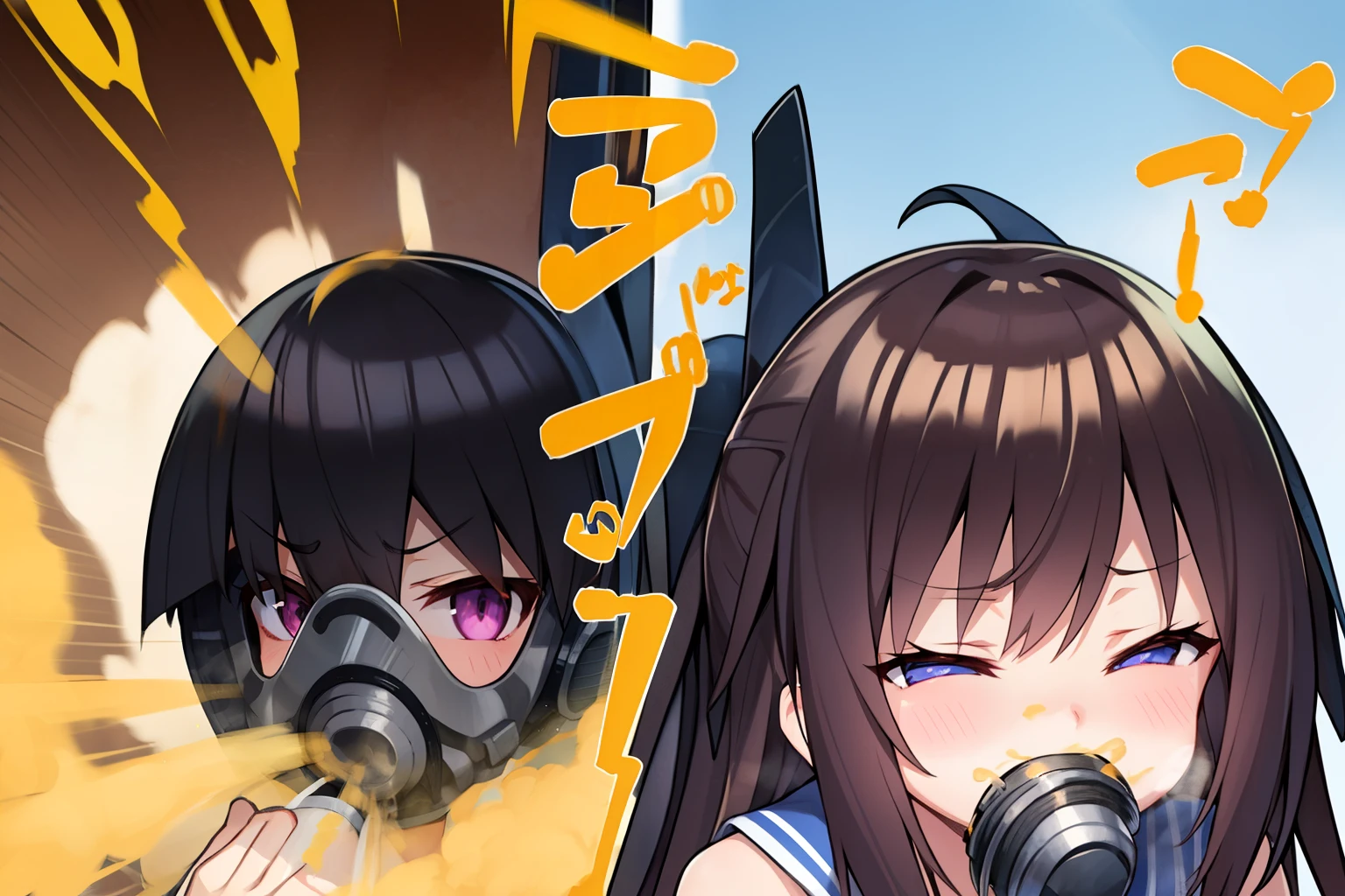 Farts, Fertofuchs, sound effects, fartチューブ, hoses, sitting on face, gas mask, facesitting,smirk smile,in ruin,(2 anime girls),fart,onara,fart,fart,farting,girl  is wearing bodysuits,hip,hosesでお尻と繋がっているgas mask,expression of agony