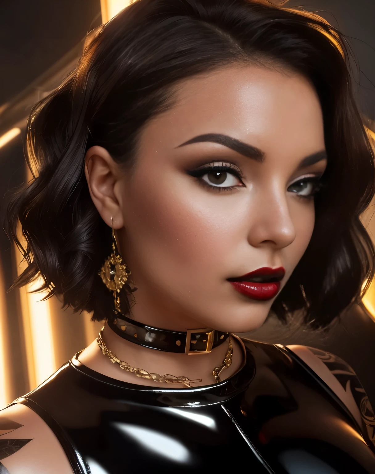 "curvy brunette woman with large breasts in a tight latex jumpsuit, glossy latex outfit, shiny black latex, seductive confident pose, erotic lighting, high-quality rendering, intricate details, vivid colors, alluring expression, black stiletto heels, luscious red lips, provocative atmosphere, glossy finish, professional photography, seductive beauty, dramatic shadows, sultry ambiance, alluring curves, eye-catching cleavage, flawless skin, captivating gaze, powerful charisma, femme fatale aura, sensuous ambiance, mesmerizing composition"
