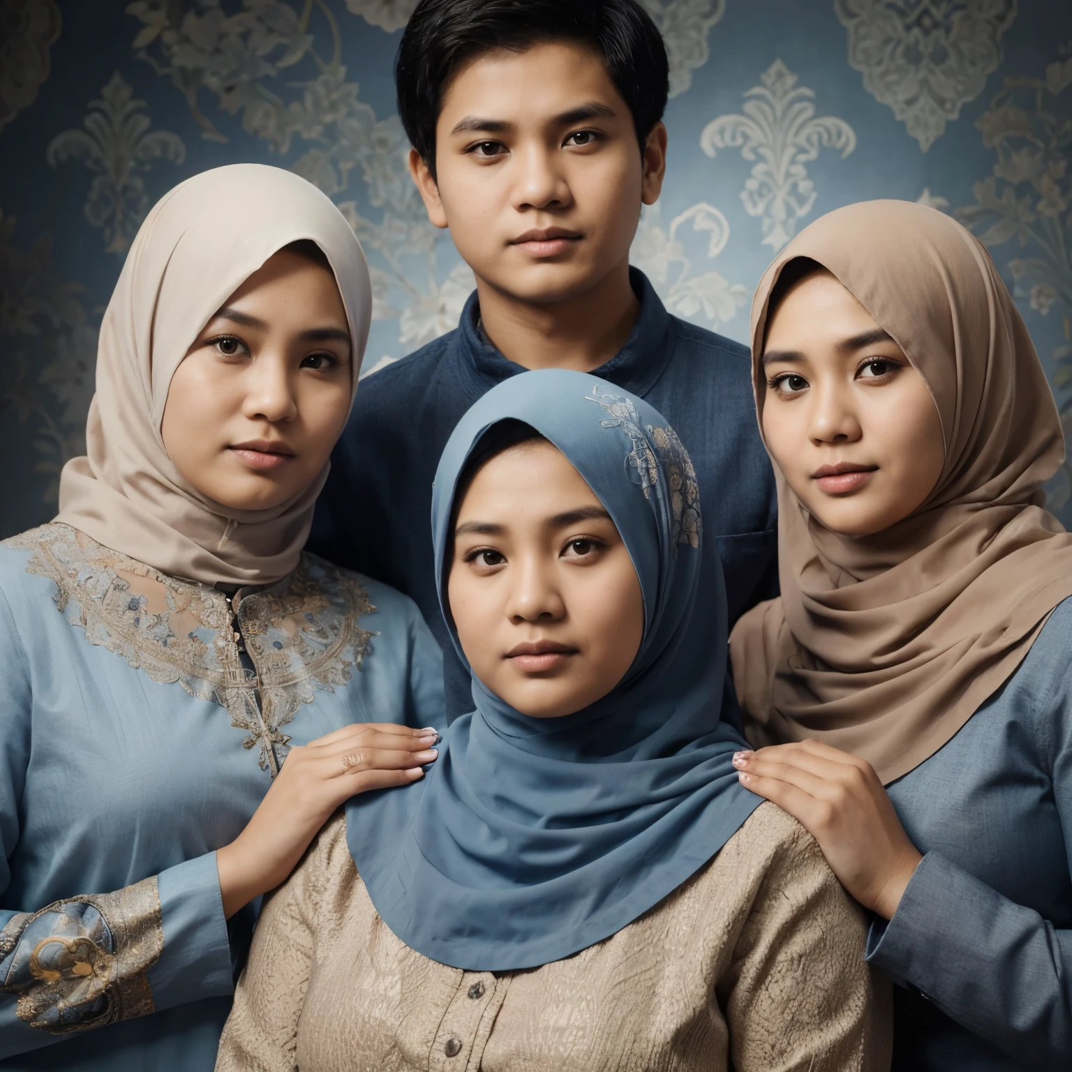 Photo of an Indonesian family of 4 people, consisting of a young man with an oval face with short hair, a chubby woman aged 30 years, a woman aged 28 years, and a woman aged 29 years, wearing a hijab, blue clothes, predominantly dark gray decorative background, HD quality , focus, studio photo.