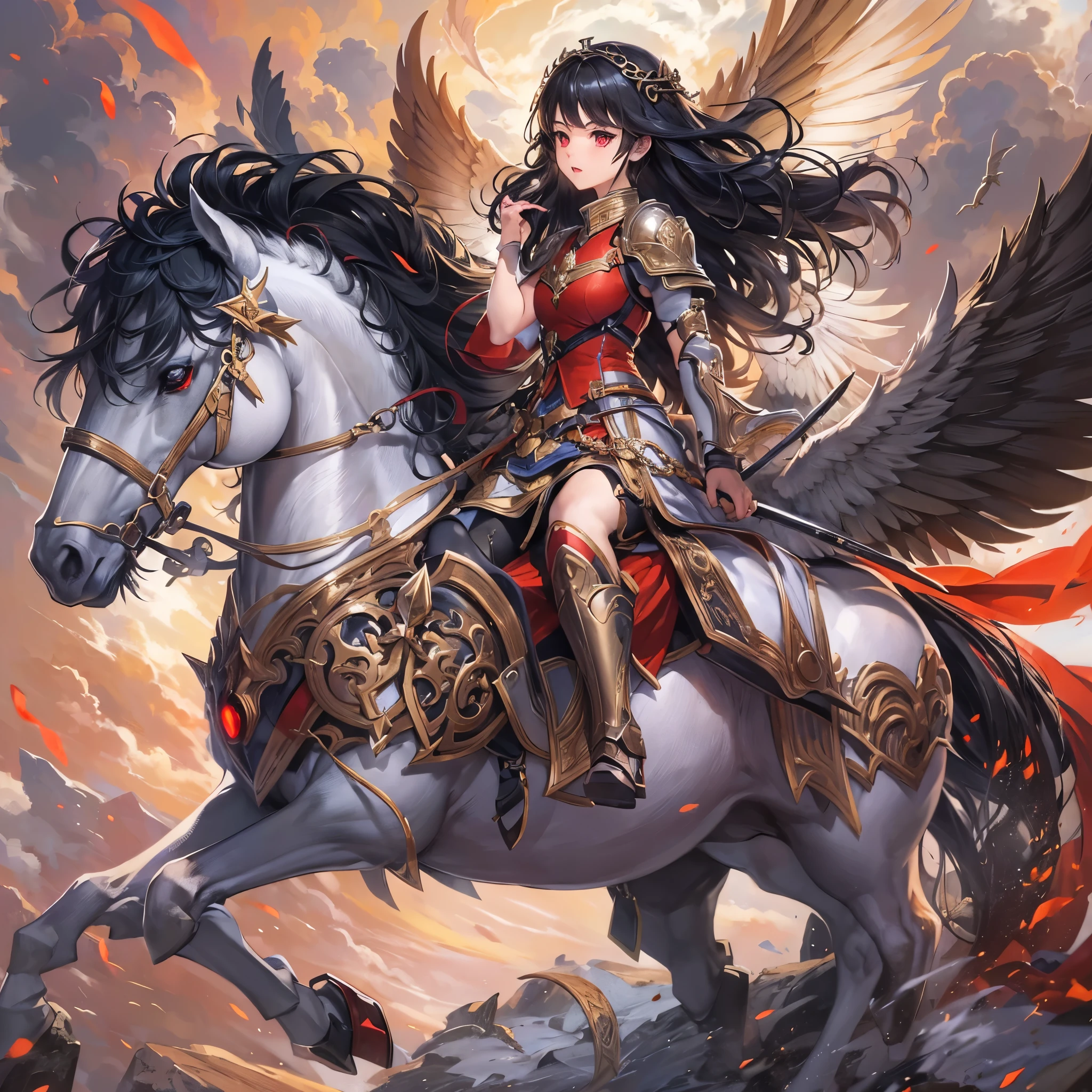 ((one Pegasus and one girl)), (Pegasus is flying orver the battlefield), (curly black hair long hair princes knight cute girl red eyes serious face) is ((riding on the back of a Pegasus)) break , in a princes knight armor), perfect anatomy, masterpiece:1.3, best quarity, 16k, beautiful detailed grow, daydreaming expression.