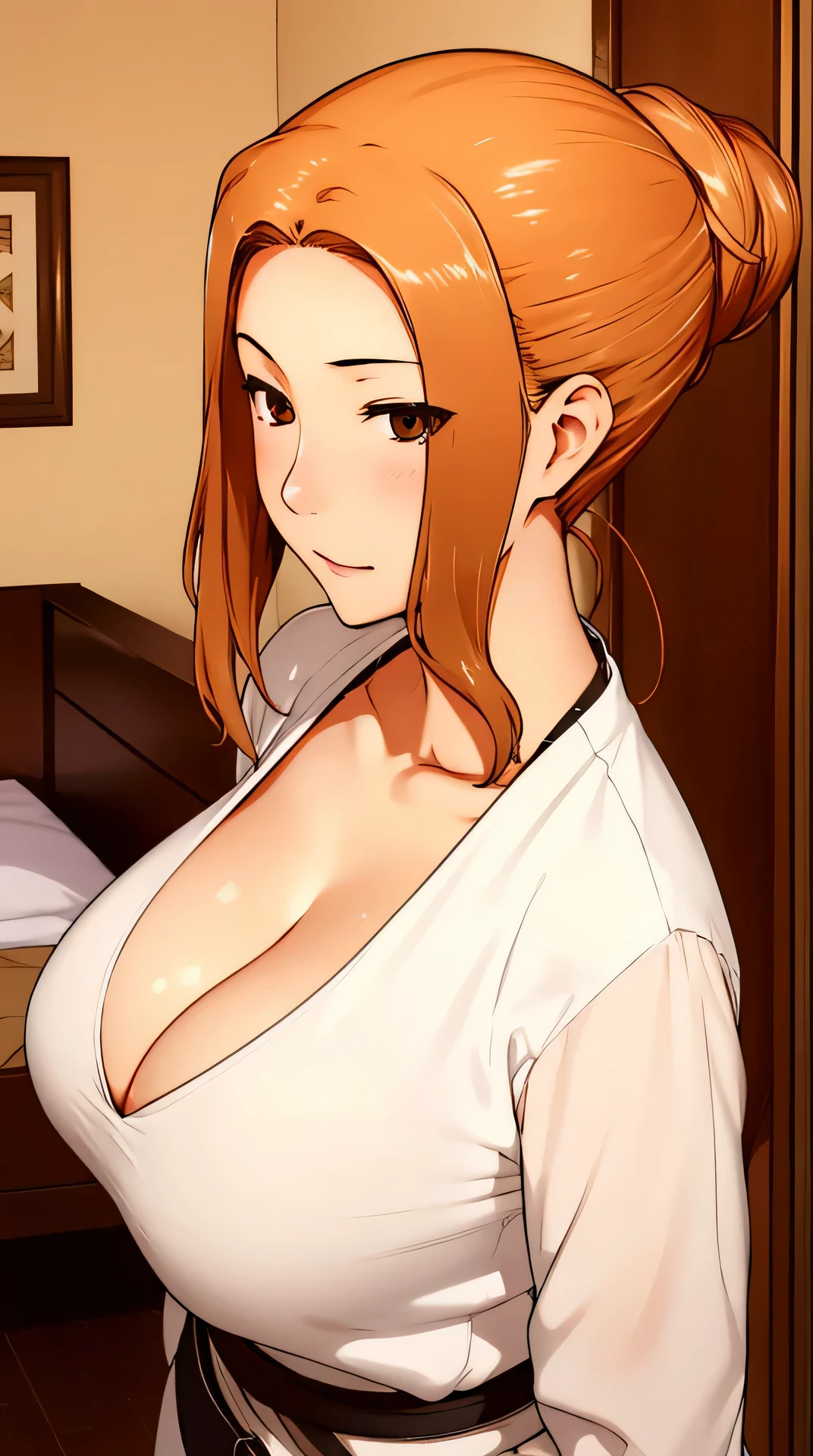 (masterpiece:1.1)、(top-quality:1.1)、full body Esbian、((topknot:1.8、No nape))、Good anatomy、(1girl in:1.2)、(detailed faces and eyes:1.25)、orange color hair、、Brown-eyed、(huge-breasted、cleavage of the breast:1.2)、Bedroom background、looking at the viewers、a matural female、Kyoka Tachibana、is standing、cowboy shot
