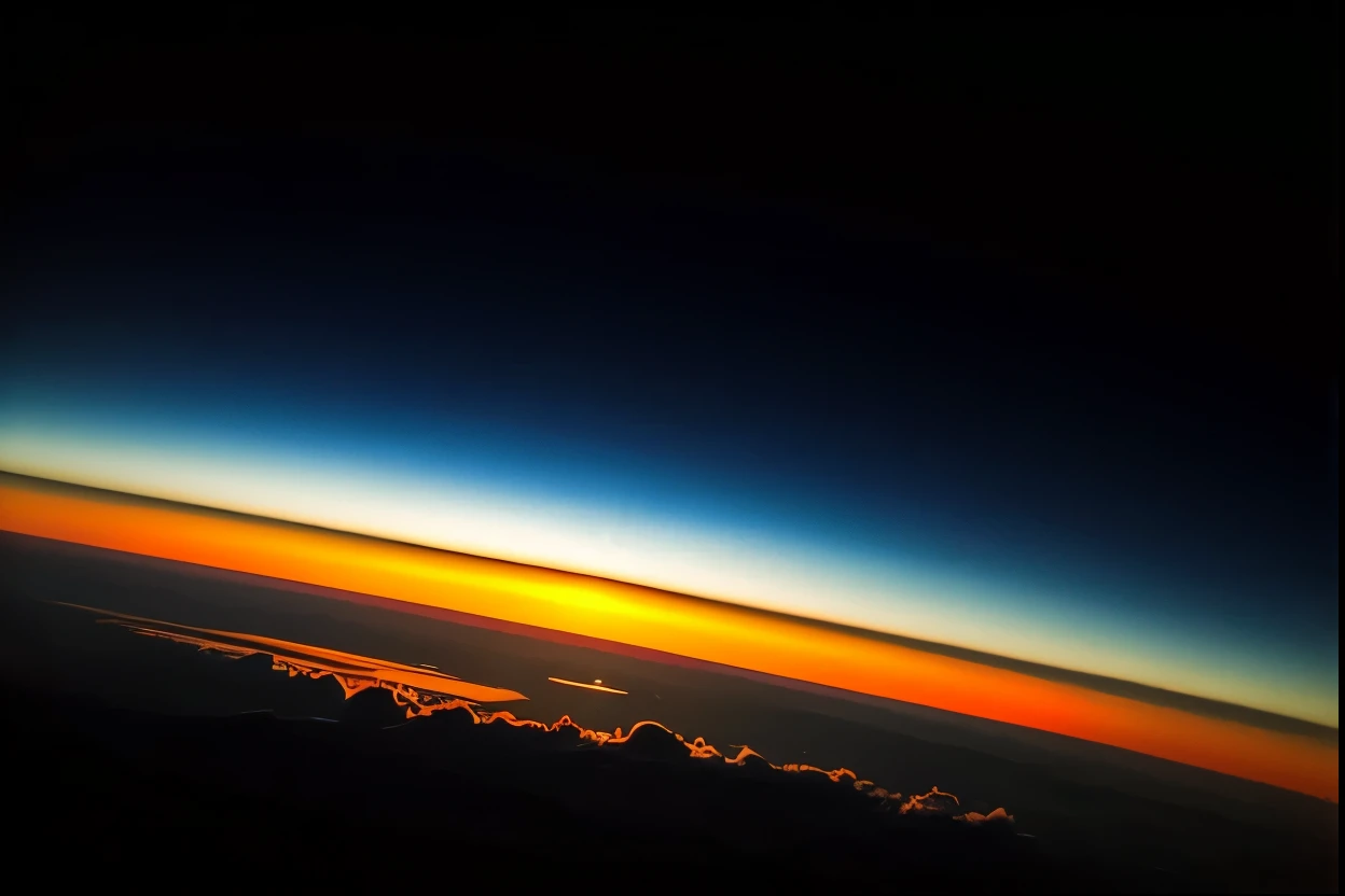 mesosfera, a view of the sun setting over the horizon from the space shuttle, dawn atmosphere, space photography, space atmosphere, nasa space photography, radiant atmosphere, nasa photo, atmosphere, sunrise atmospheric phenomena, photo from space, nasa photography, sunset atmosphere, lynchian atmosphere, omnious atmosphere, image credit nasa nat geo, noctilucent, orange and blue sky