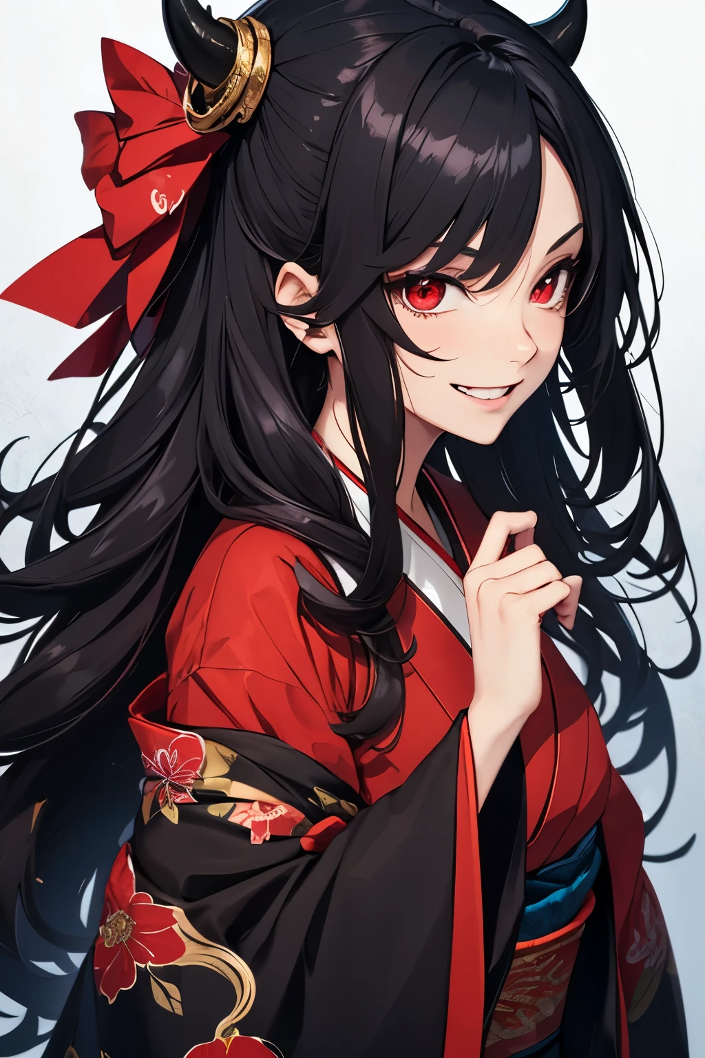 Woman, black messy long hair, side left hair style, red eyes, evil smile, adult body, black kimono clothes, red details in clothes,