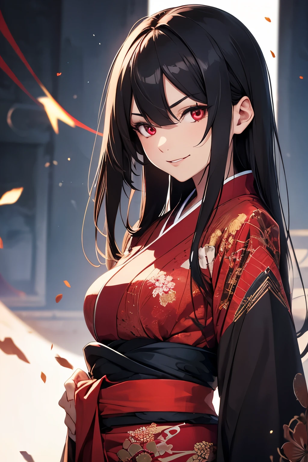 Woman, black messy long hair, side strands of hair, without bangs, red eyes, evil smile, adult body, black kimono clothes, red details in clothes,