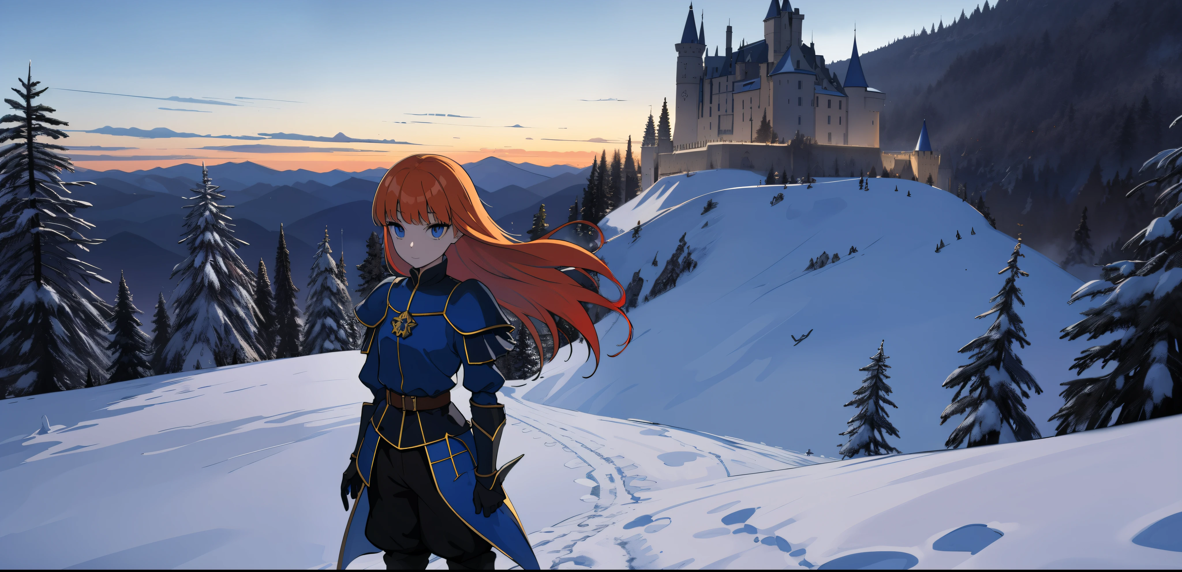 chef-d'artwork, best quality, une seule fille, rousse, yeux bleus, medieval, Chevalier noir, armure, pantalon, neige, Soleil, castle, montagne, forest