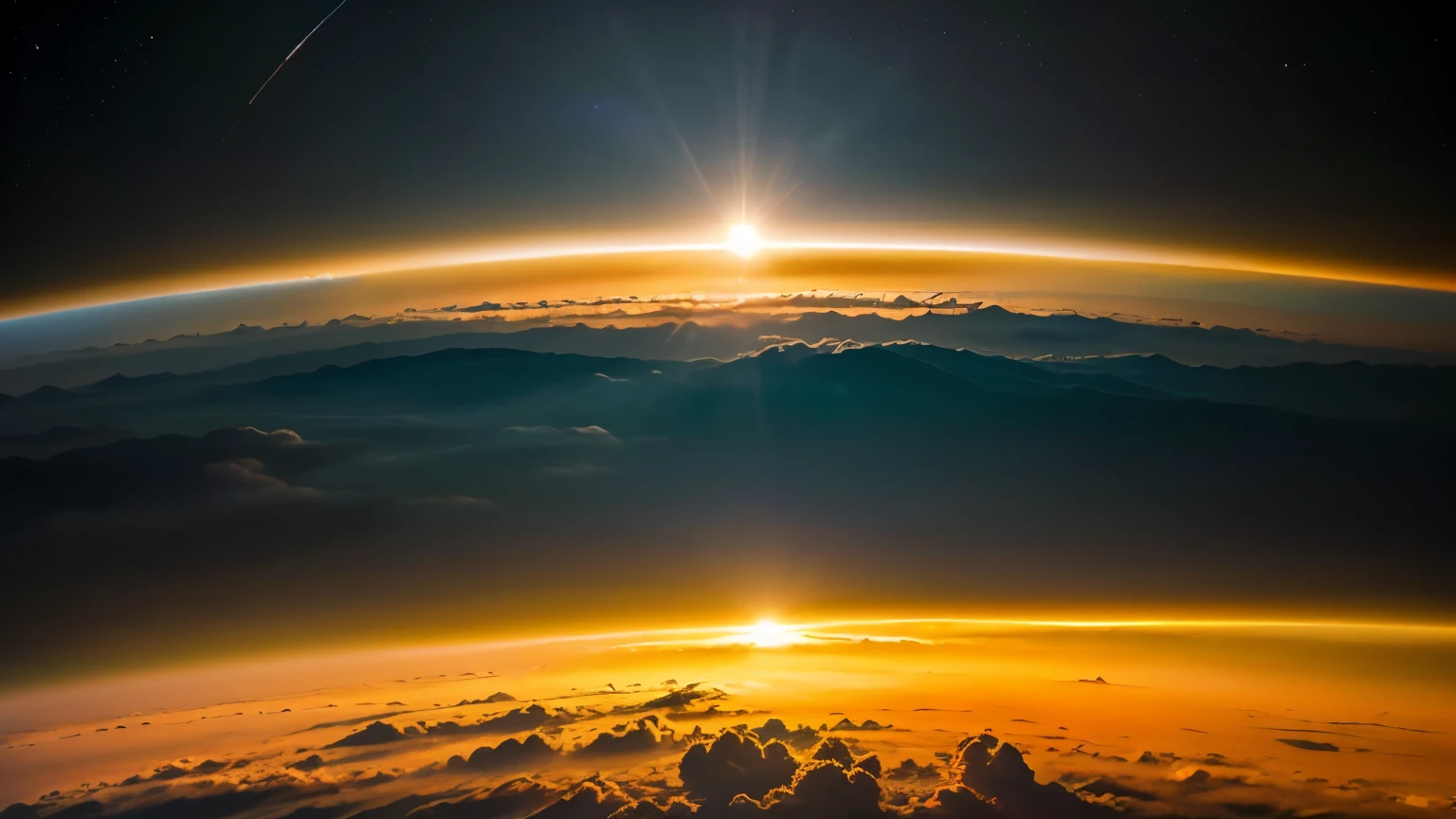 mesosphere, horizon, a view of the sun setting over the horizon dawn atmosphere, space photography, space atmosphere, radiant atmosphere, atmosphere, sunrise atmospheric phenomena, sunset atmosphere, lynchian atmosphere, omnious atmosphere,nat geo, noctilucent, orange and blue sky, colous brillance, hdr, 4k
