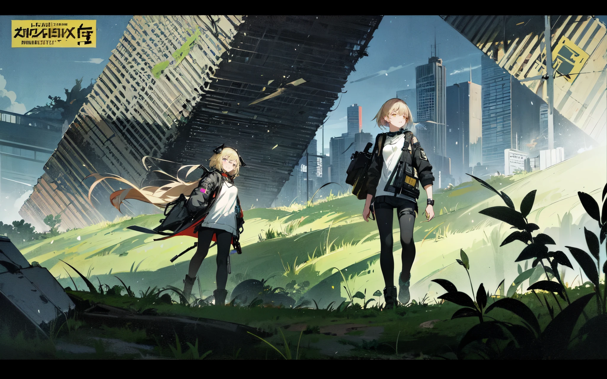 [ anime - style illustration of a boy and a gilr walking in the green wastelands ], ruined post-apocalyptic city in the horizon, cloudy sky, gacha character illustration, blonde from girls frontline, girls frontline cg, girls frontline style, girls frontline universe, fine details. girls frontline, m4 sopmod ii girls frontline, cushart kenz, girls frontline, from arknights, trending on artstation pixiv, digital anime art