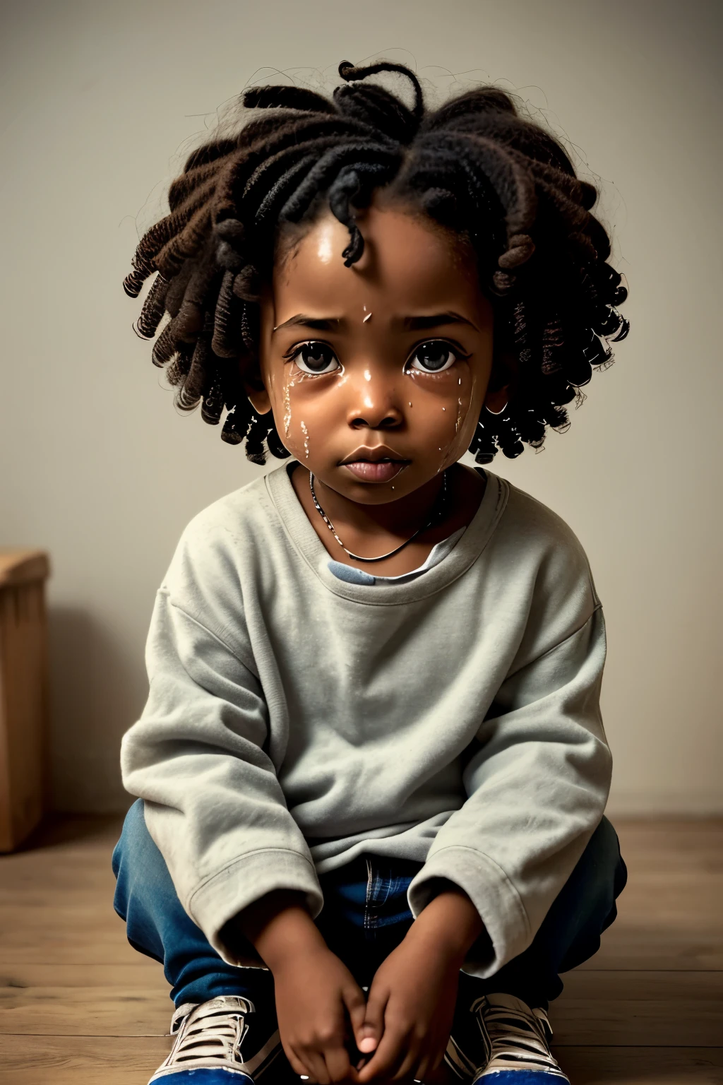 A sad 3-year-old black girl with dirty clothes sits on the floor with tears in her eyes, looking directly into the camera. Her curly hair is matted and unwashed, adding to her forlorn appearance. The scene is set in dim light, casting long shadows that enhance the sense of melancholy. The camera captures her every detail, from the smudges on her face to the wrinkles in her clothing, reflecting the harsh realities of her life. Her sadness is palpable, tugging at the heartstrings of the viewer. It's a poignant and moving image that calls for empathy and compassion. (Sad, 3-year-old