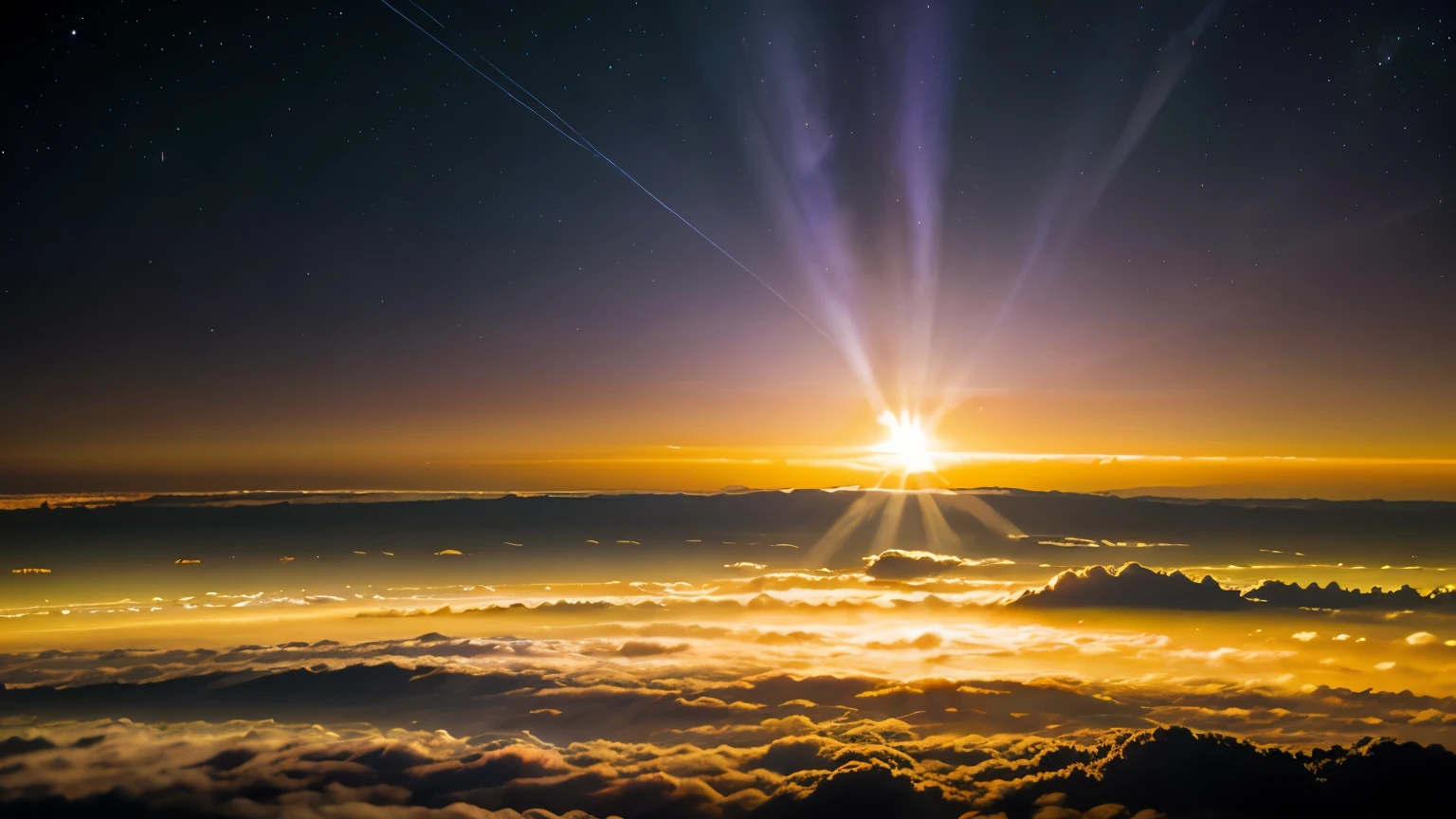 in dominate purple colour, mesosphere, horizon, a view of the sun setting over the horizon dawn atmosphere, space photography, space atmosphere,  radiant atmosphere, atmosphere, sunrise atmospheric phenomena, sunset atmosphere, lynchian atmosphere, omnious atmosphere,nat geo, noctilucent, orange and blue sky, colous brillance, hdr, 4k