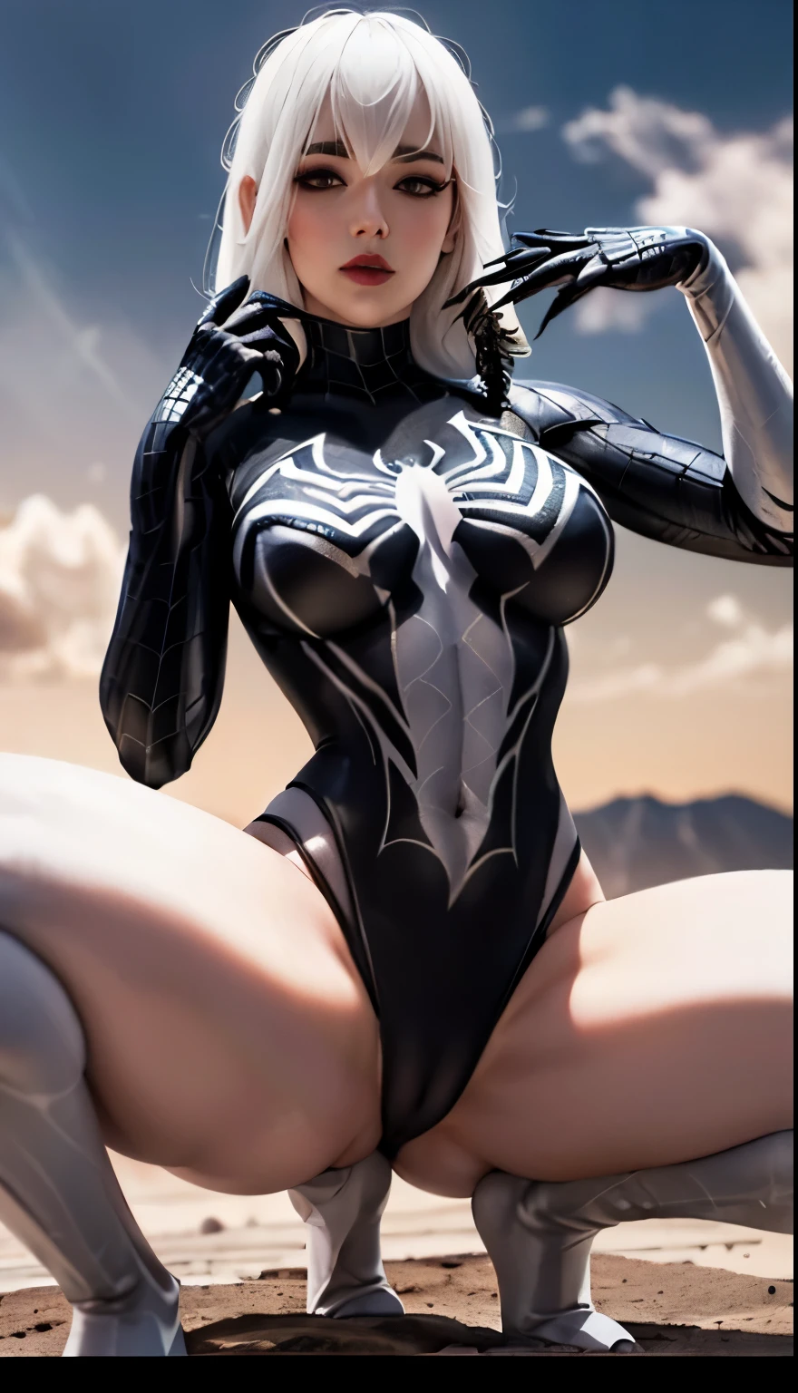 4K,realistically,charming,very detailed,There is a girl in Dingcheng,white hair,Wearing black Spider-Man costume,(black and white:1.4) night,symbiont,poison,lots of mucus,She is a hero,Black superhero theme,in front of the sky,complexion,( spread legs, camel toe,, vulva shape:1.3),(GGcamel toe:1.3),25 years old,Full body female love