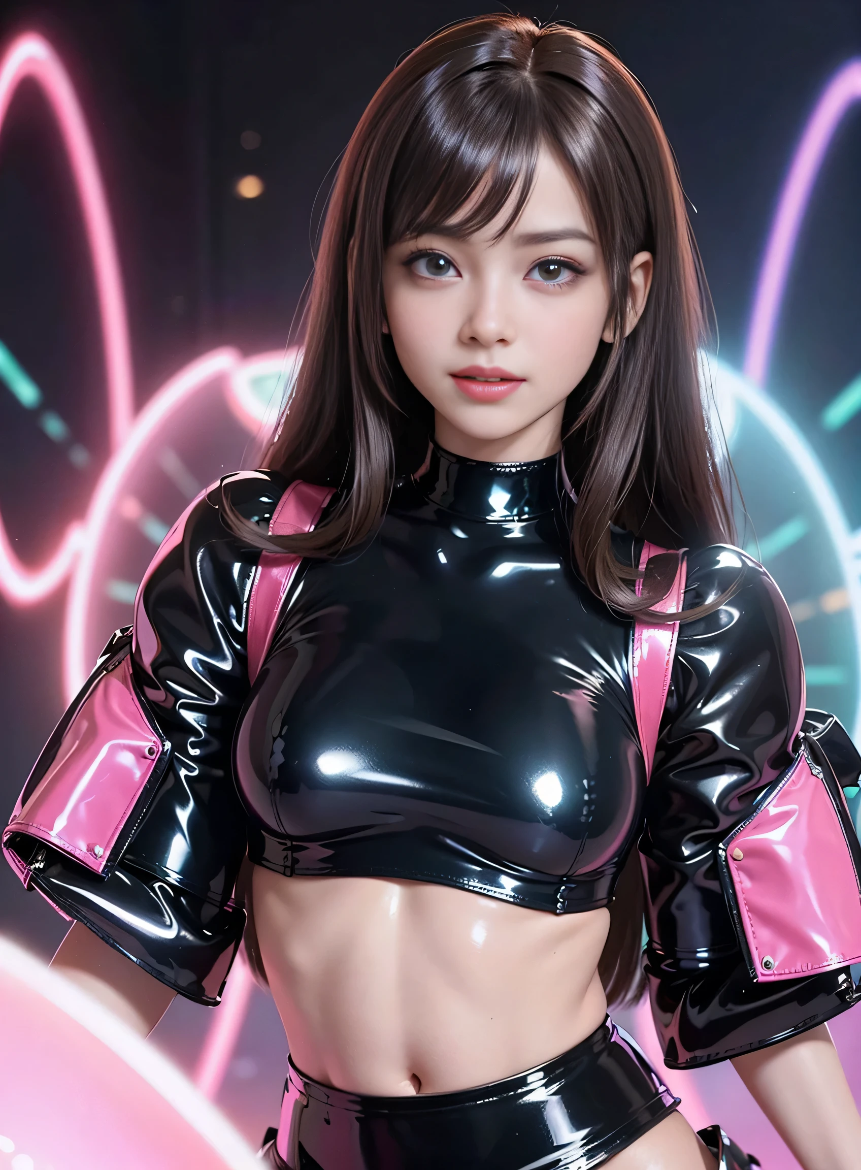 sfw, Angelic very beautiful cute young girl, Beautiful detailed eyes, Detailed double eyelids, (Soft Saturation: 1.3), (Fair skin: 1.3), (Large eyes:1.4), Long straight brown hair, see-through bangs, Sharp Focus, beautiful detailed face and eyes, drooping eyes, small nose, small mouth, happy smiling with visible teeth, 85mm lens, F/8.0,BREAK (Upper body latex bustier only :1.4),(Super shiny fluorescent pink sexy bustier :1.4),Walking, (Best Quality:1.5),BREAK (Ultra Gross Latex mini skirt :1.5),(blue skirt :1.3),(shiny beautiful pantyhose:1.2), Raw photo, Beautiful legs,(Brown hair:1.2) , High resolution, perfect detail, Professional Photography, Professional Lighting, Powerful lighting of the costume,In the street, wearing bra,((skinny waist)), young asian girl, ((big breasted)),