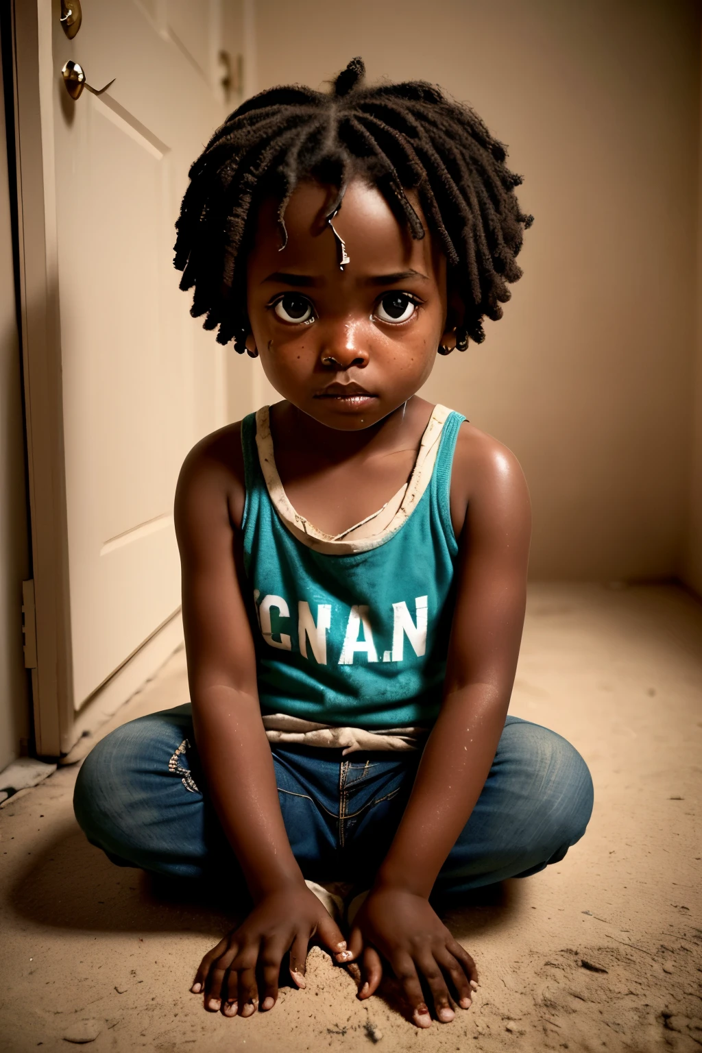 A tragic scene unfolds as a sad-eyed 3-year-old black girl sits on the dusty floor, her clothing disheveled and dirty, tears streaming down her cheeks as she gazes into the camera lens with a heart-wrenching expression. The dimly lit room casts long shadows on her small frame, adding to the sense of despair and hopelessness. Her big, innocent eyes seem to tell a story of hardship and pain. The image, though deeply moving, is captured with great care and sensitivity, ensuring the girl's emotion and vulnerability are truly conveyed. (sad:1.1, disheveled:1.3, dirty clothes:1.2,